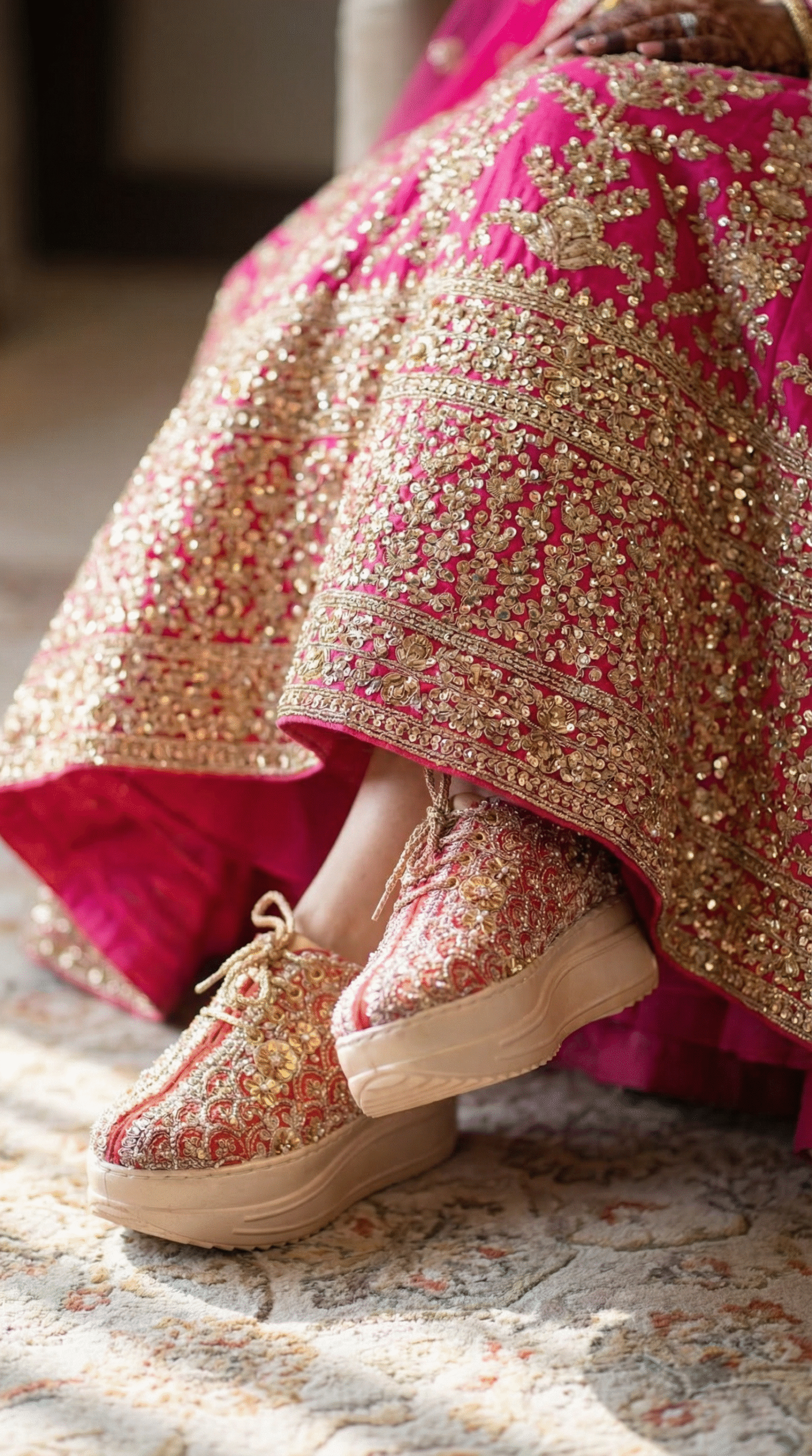 Firefly_Gemini Flash_Create an image in which the bride is wearing pink lehenga with full sequnce work on 351848