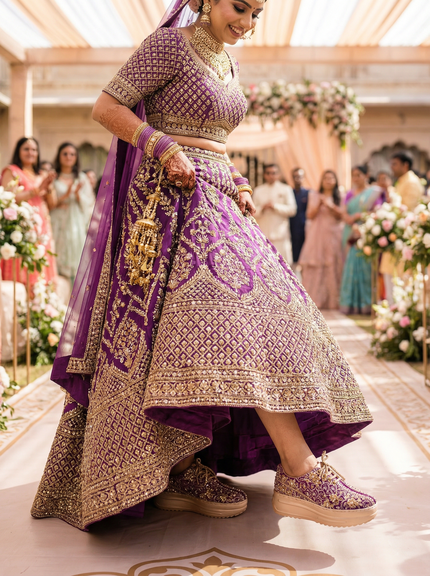 Firefly_Gemini Flash_Create an image in which the bride is wearing purple lehenga with full golden diamon 44284