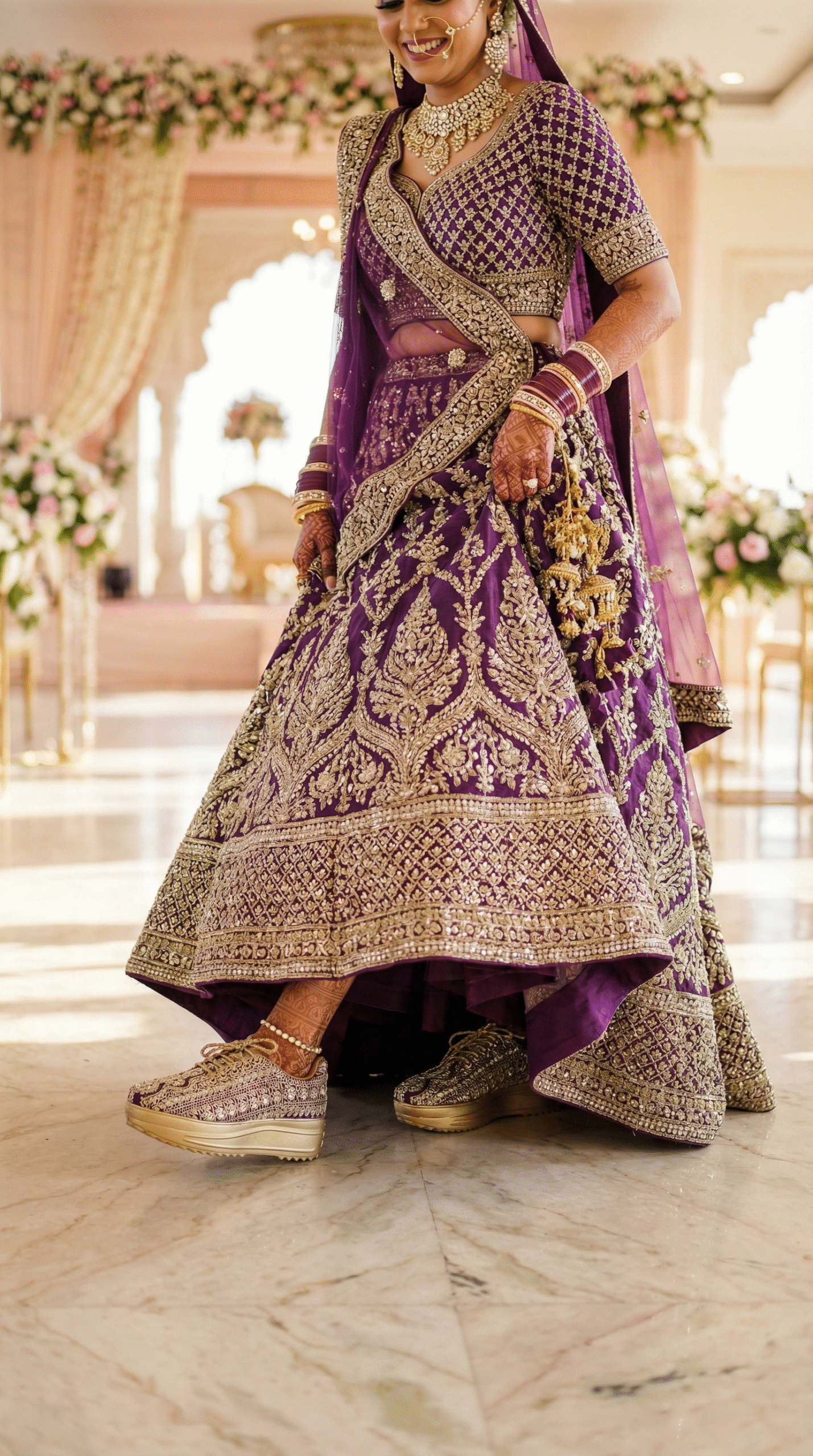 Firefly_Gemini Flash_Create an image in which the bride is wearing purple lehenga with full golden diamon 763417