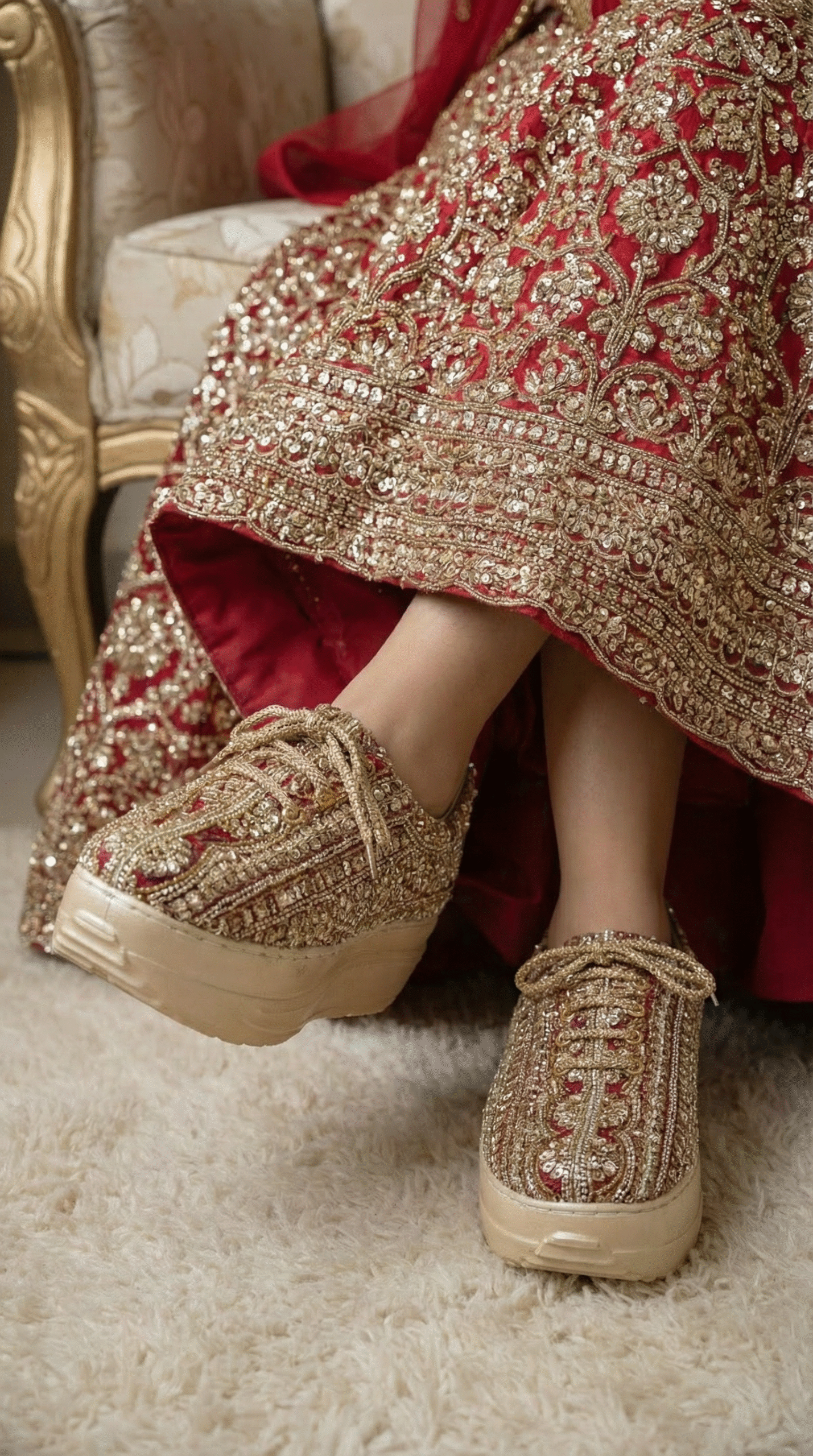 Firefly_Gemini Flash_Create an image in which the bride is wearing red lehenga with full sequnce work on i 538373