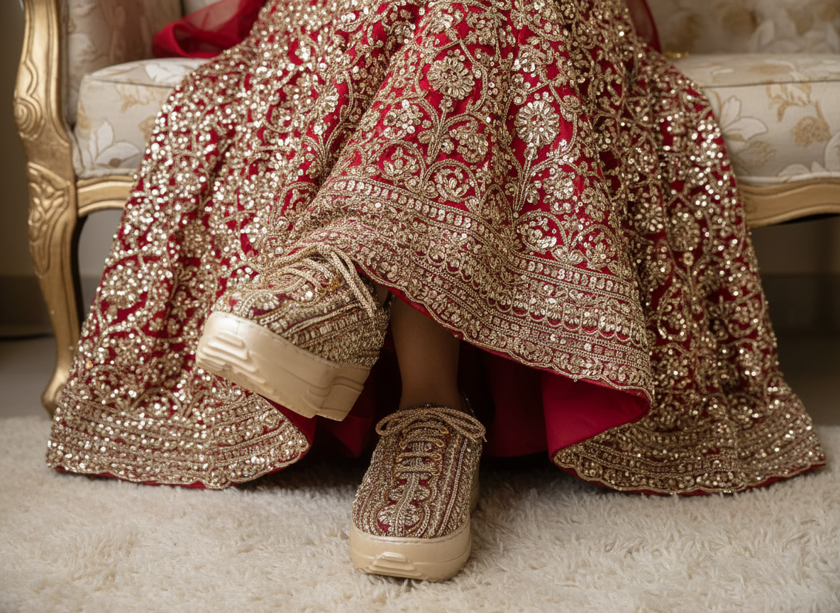 Firefly_Gemini Flash_Create an image in which the bride is wearing red lehenga with full sequnce work on i 645985