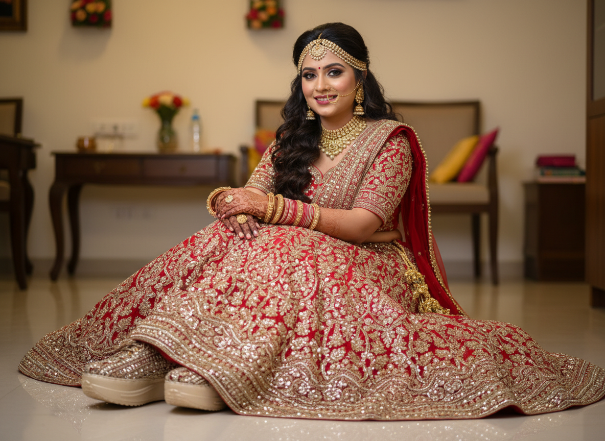 Firefly_Gemini Flash_Create an image in which the bride is wearing red lehenga with full sequnce work on i 866077