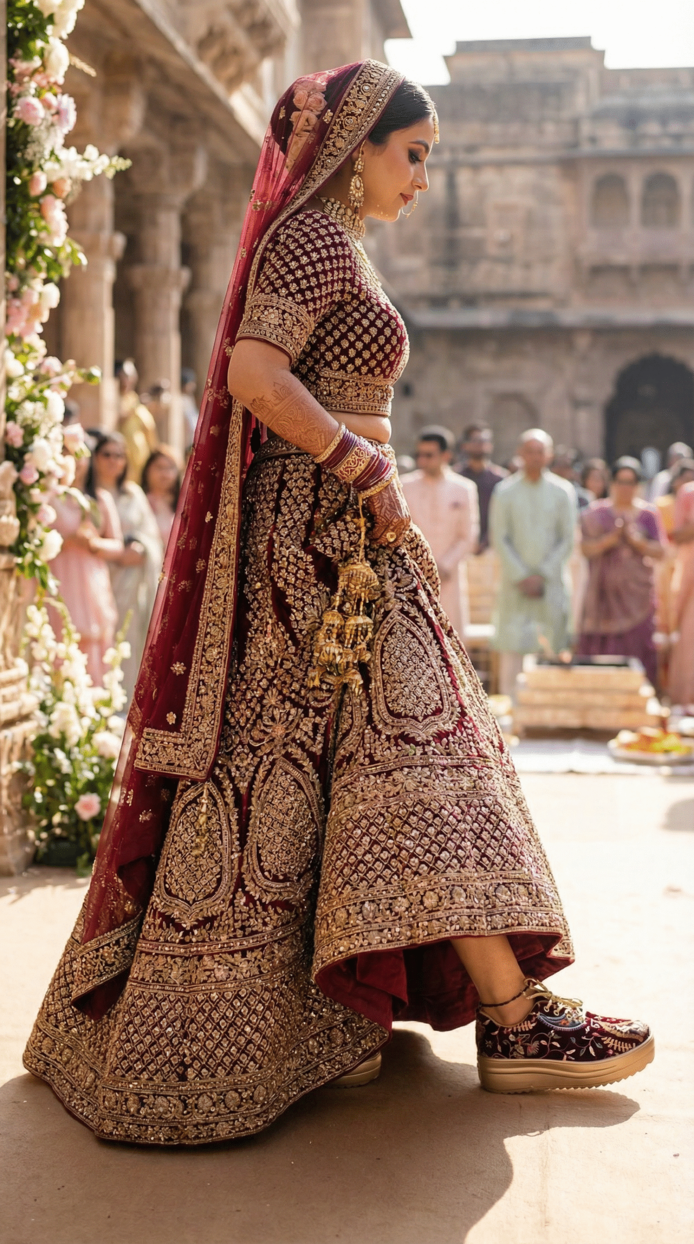 Firefly_Gemini Flash__Create an image in which the bride is wearing mahroon velvet lehenga with full gold 177732