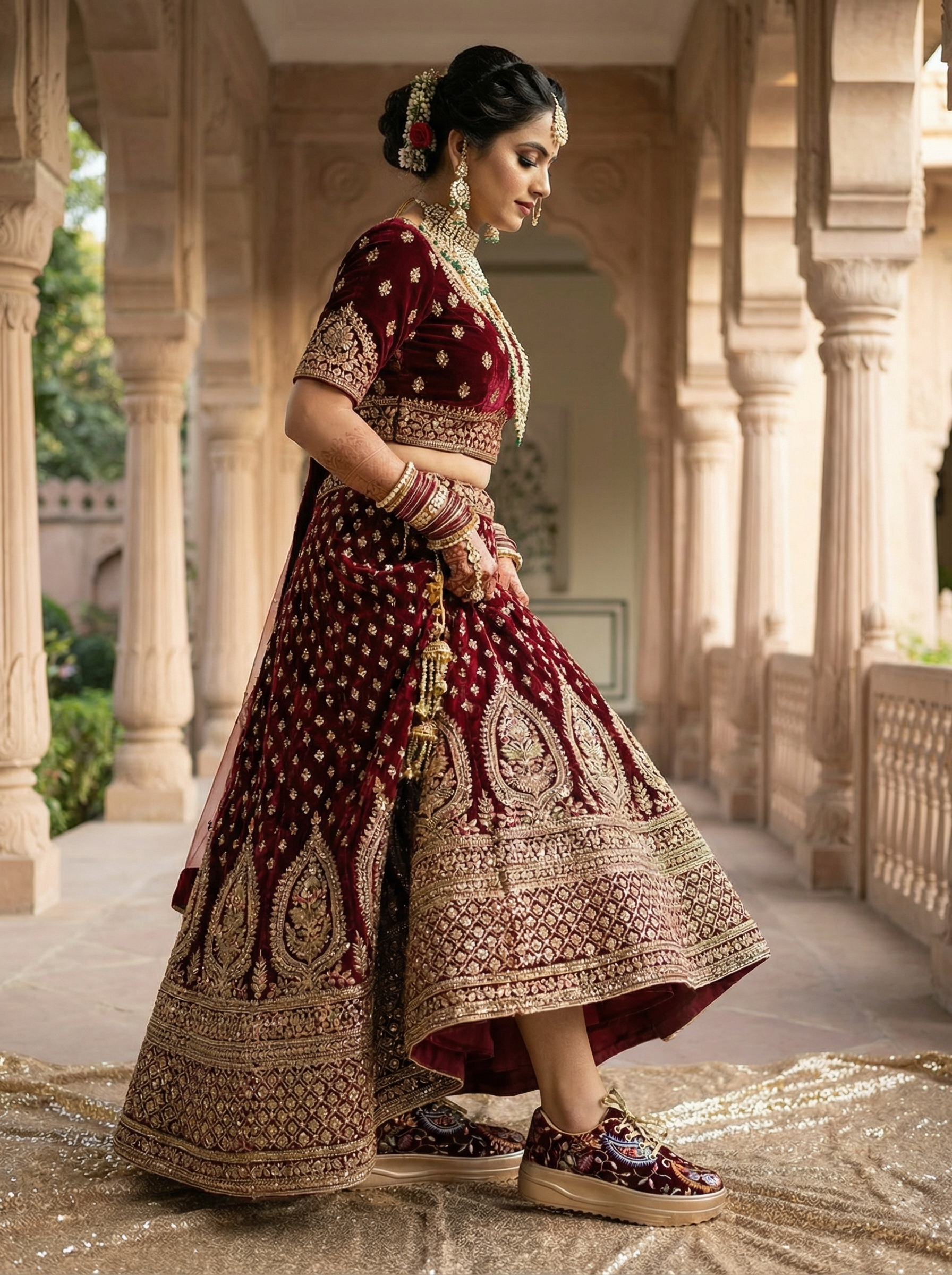 Firefly_Gemini Flash__Create an image in which the bride is wearing mahroon velvet lehenga with full gold 495425