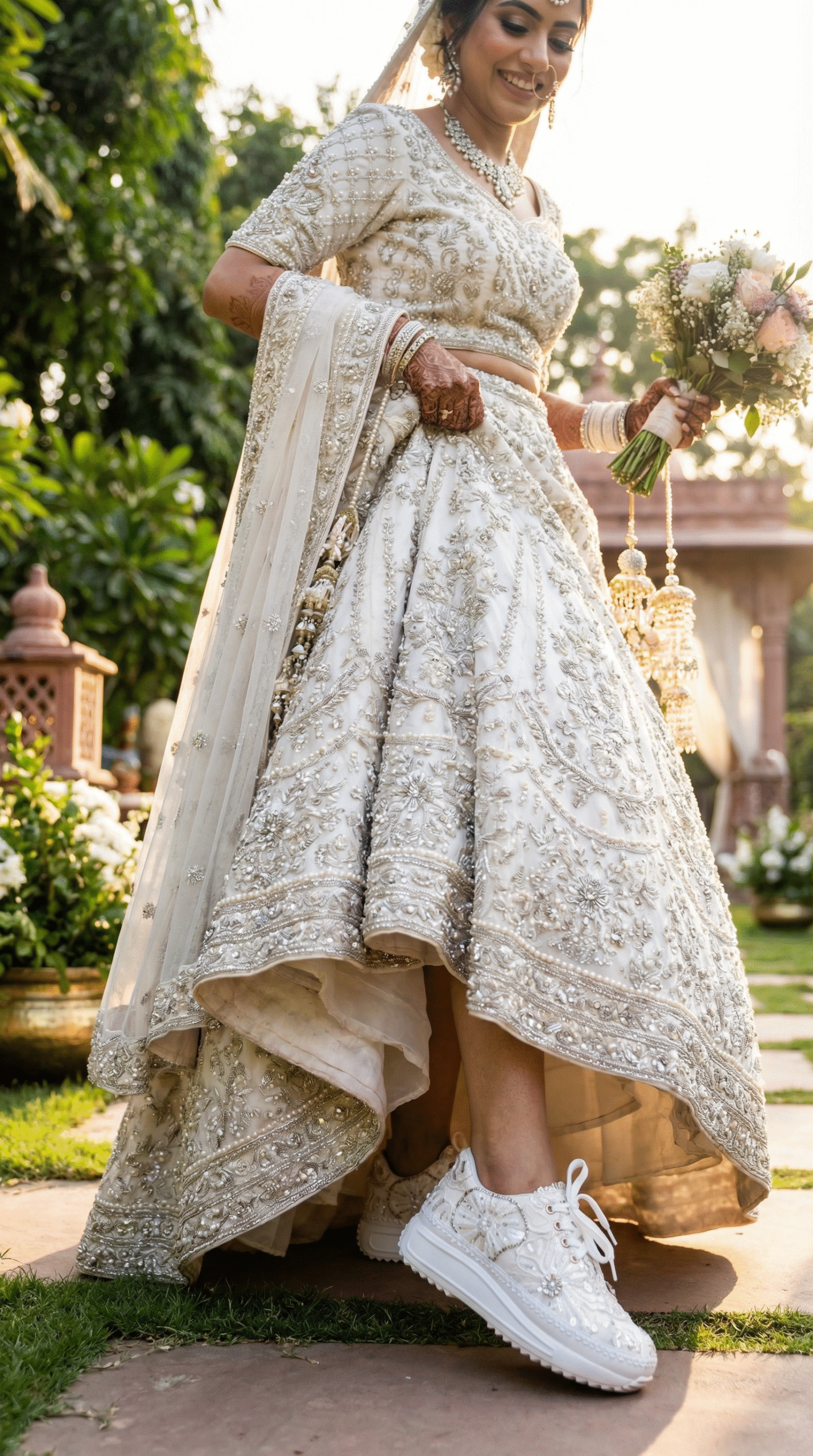 Firefly_Gemini Flash__Create an image in which the bride is wearing white lehenga and walking showing the 831366