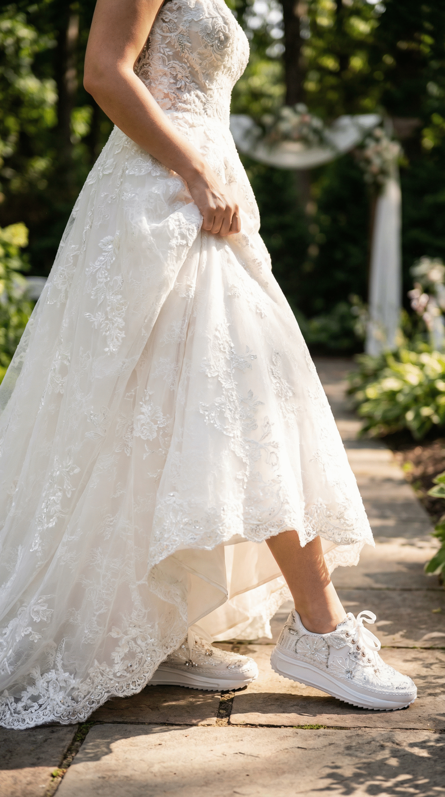 Firefly_Gemini Flash__Create an image in which the bride is wearing white wedding gown and walking showing 321308