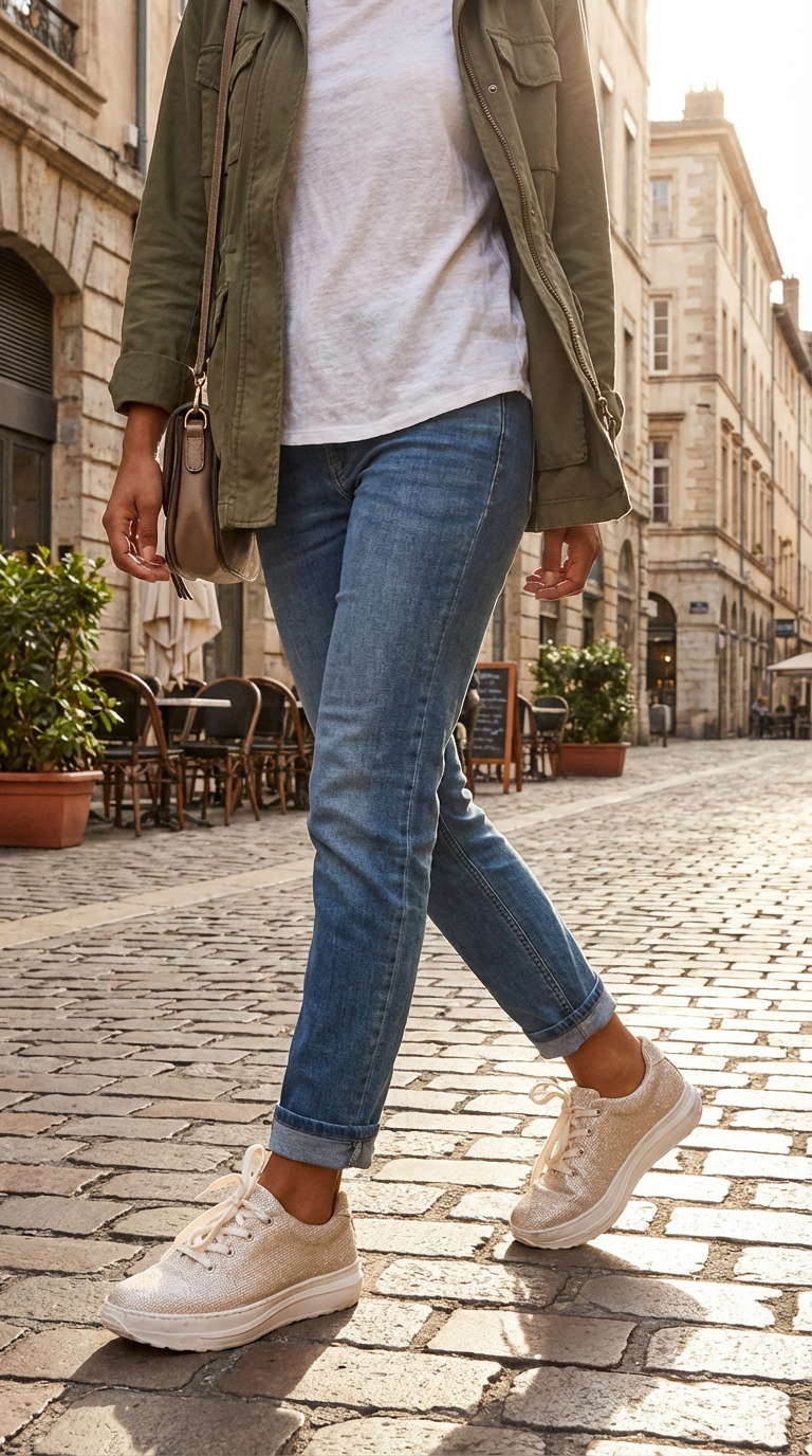 Firefly_Gemini Flash_i need a photo of this sneakers with a model wearing casual outfit jeans wearing the 564141