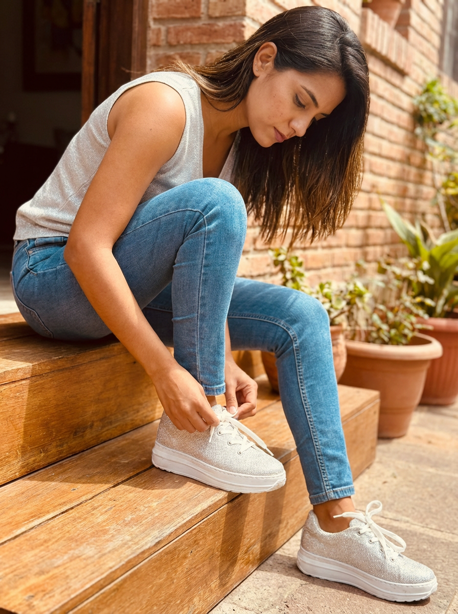 Firefly_Gemini Flash_i need a photo of this sneakers with a model wearing light silver shimmer top and jea 220695