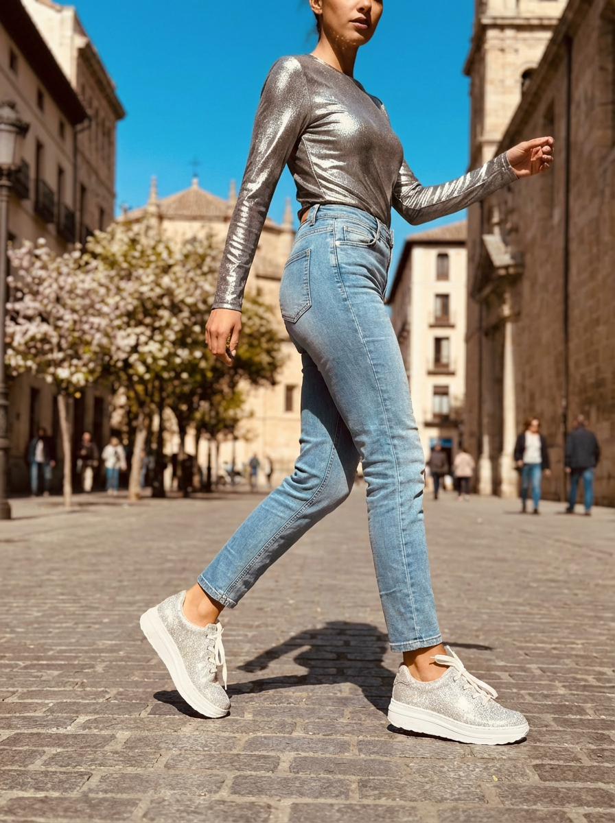 Firefly_Gemini Flash_i need a photo of this sneakers with a model wearing silver top and jeans wearing the 305019 (1)