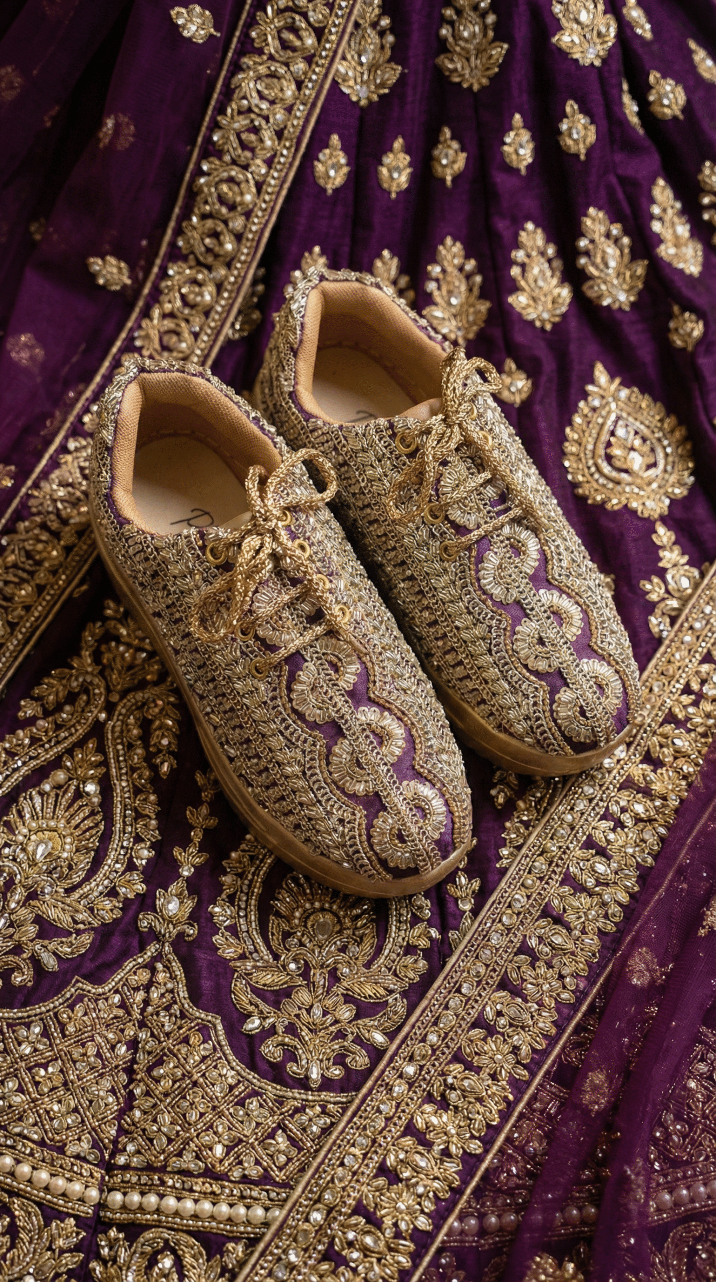 Firefly_GeminiFlash_Create an image for my website of the sneakers in the reference with purple lehenga b 349971