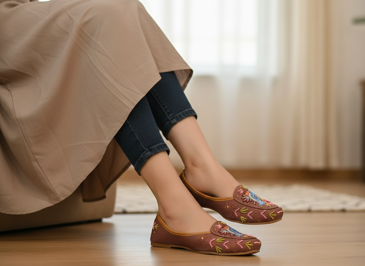 Firefly_GeminiFlash_Create an image in which a model is wearing the lofars with her feet crossed in the r 140477