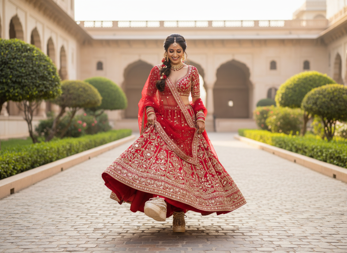 Firefly_GeminiFlash_Create an image in which the bride is wearing Red lehenga with full golden diamond a 335500