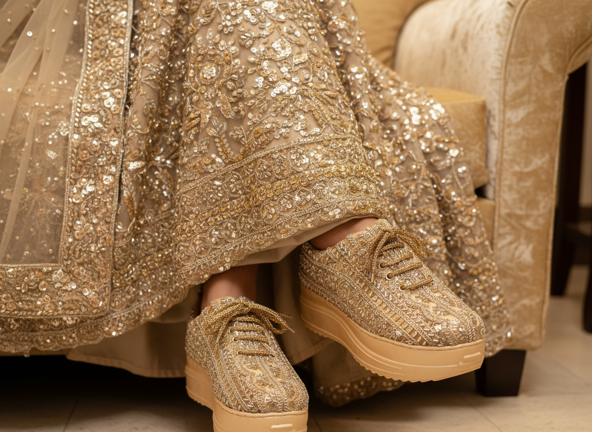 Firefly_GeminiFlash_Create an image in which the bride is wearing Sliver lehenga with full gold sequnce w 971646 (1)