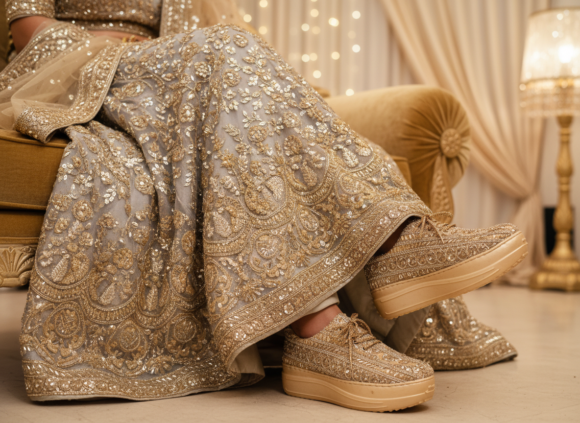 Firefly_GeminiFlash_Create an image in which the bride is wearing Sliver lehenga with full gold sequnce w 971646