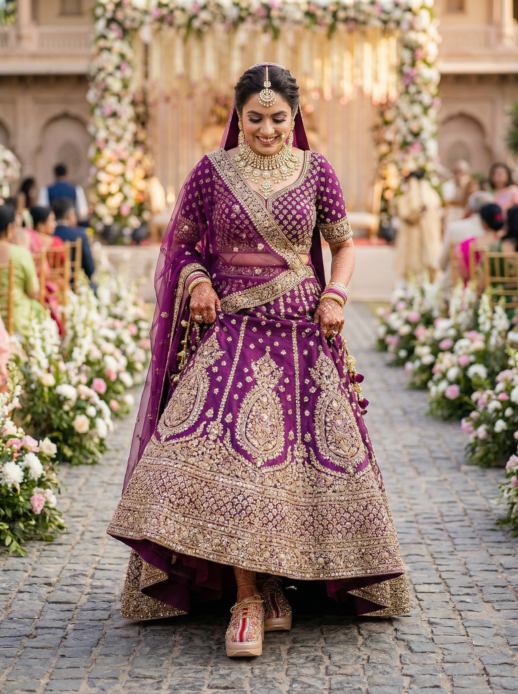 Firefly_GeminiFlash_Create an image in which the bride is wearing purple lehenga with full golden diamon 400604