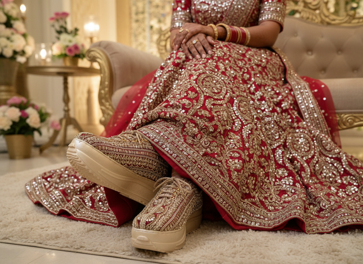 Firefly_GeminiFlash_Create an image in which the bride is wearing red lehenga with full sequnce work on i 30107
