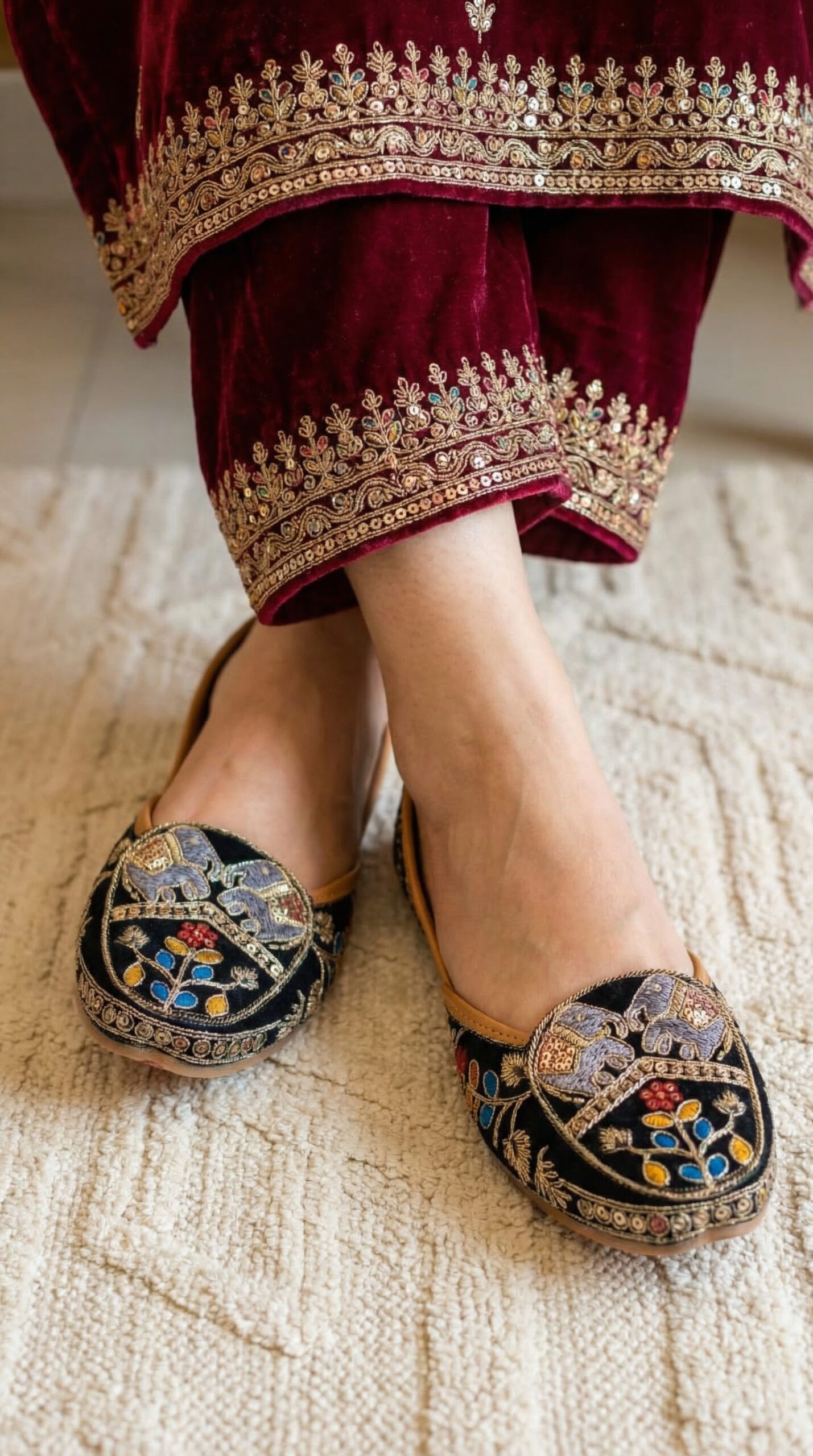 Firefly_GeminiFlash_Create an image in which the female model is wearing Velvet Kurta paijama with embrod 895639