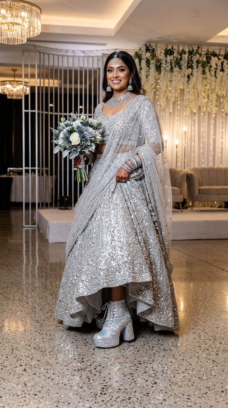Firefly_GeminiFlash_Create an image with a bride wearing silver full sequence work lehenga and wearing t 682170