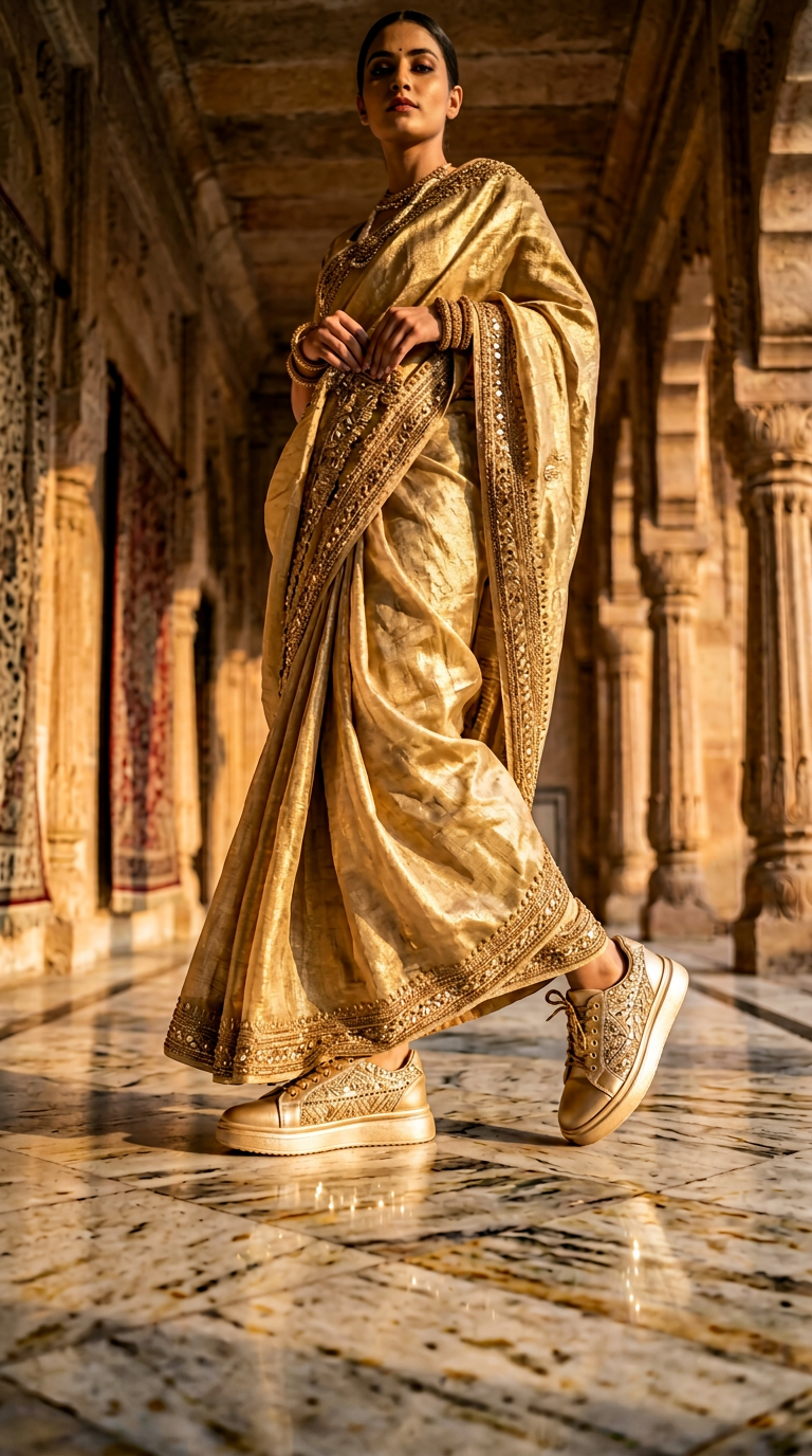Firefly_GeminiFlash_Create an image with a model wearing gold saree and wearing the snekaers and walking 696973