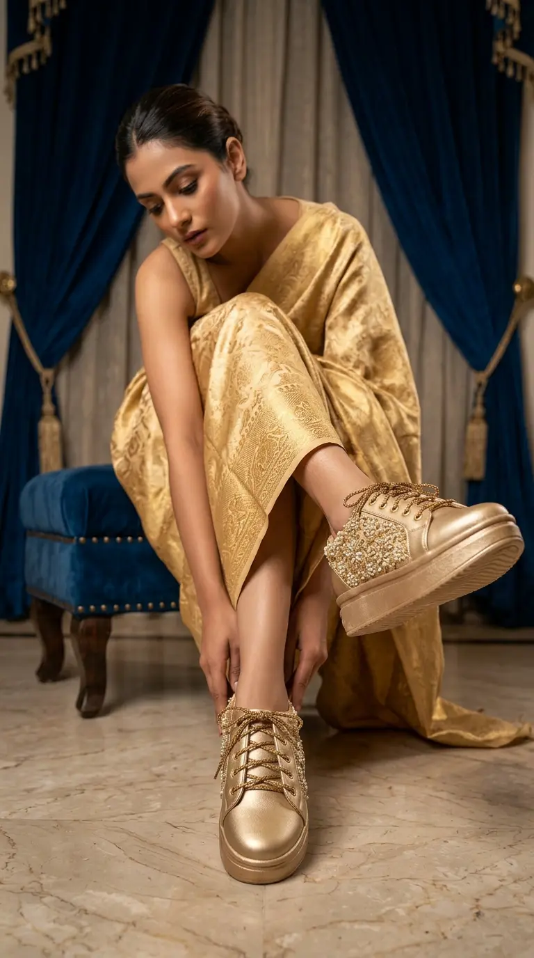 Firefly_GeminiFlash_Create an image with a model wearing gold saree and wearing the snekaers in leaning d 121934