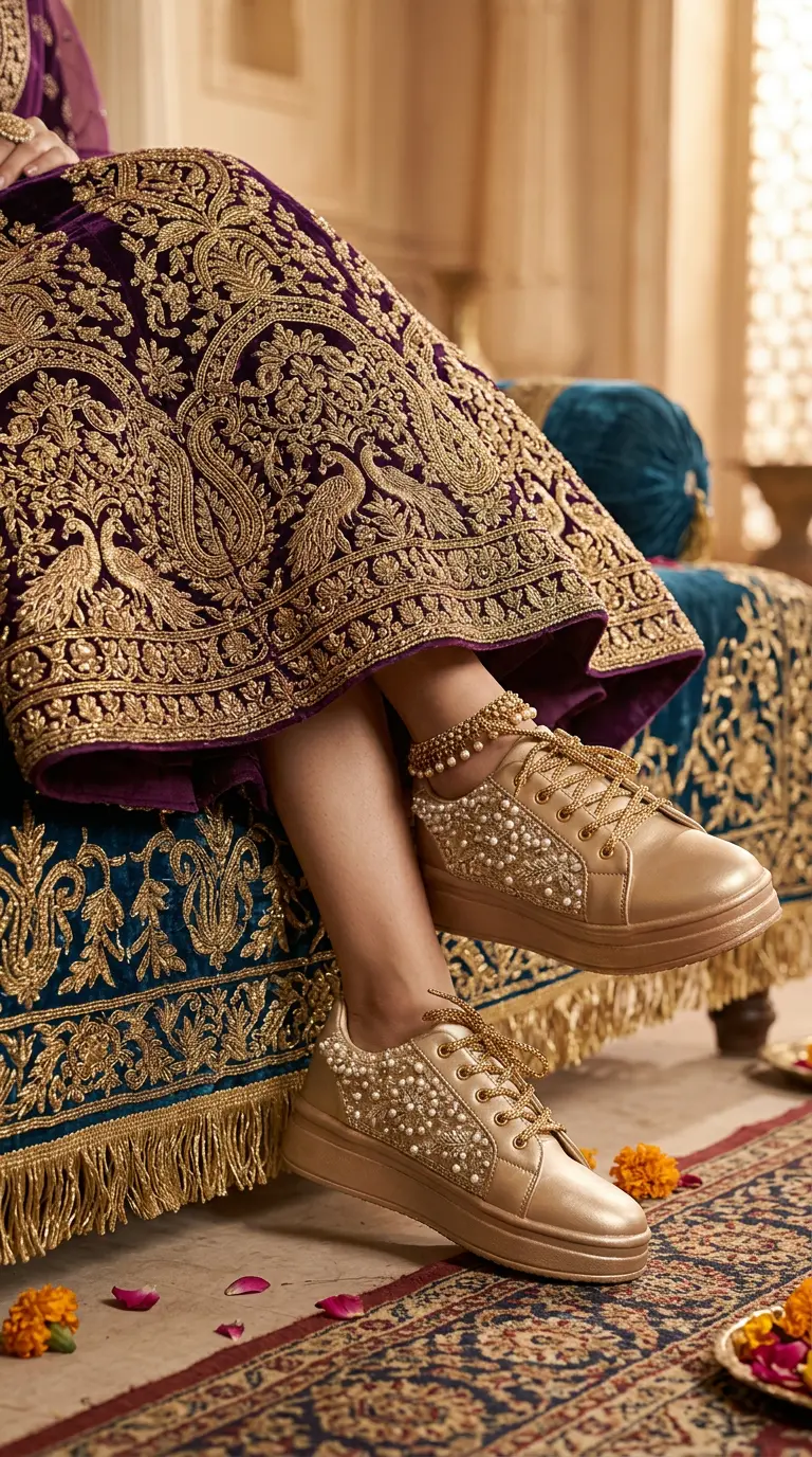 Firefly_GeminiFlash_Create an image with a model wearing purple lehenga with full gold zardosi work and w 121934