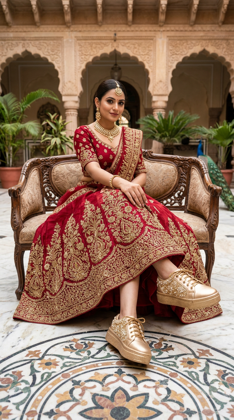 Firefly_GeminiFlash_Create an image with a model wearing red lehenga with full gold zardosi work and wear 121934 (1)