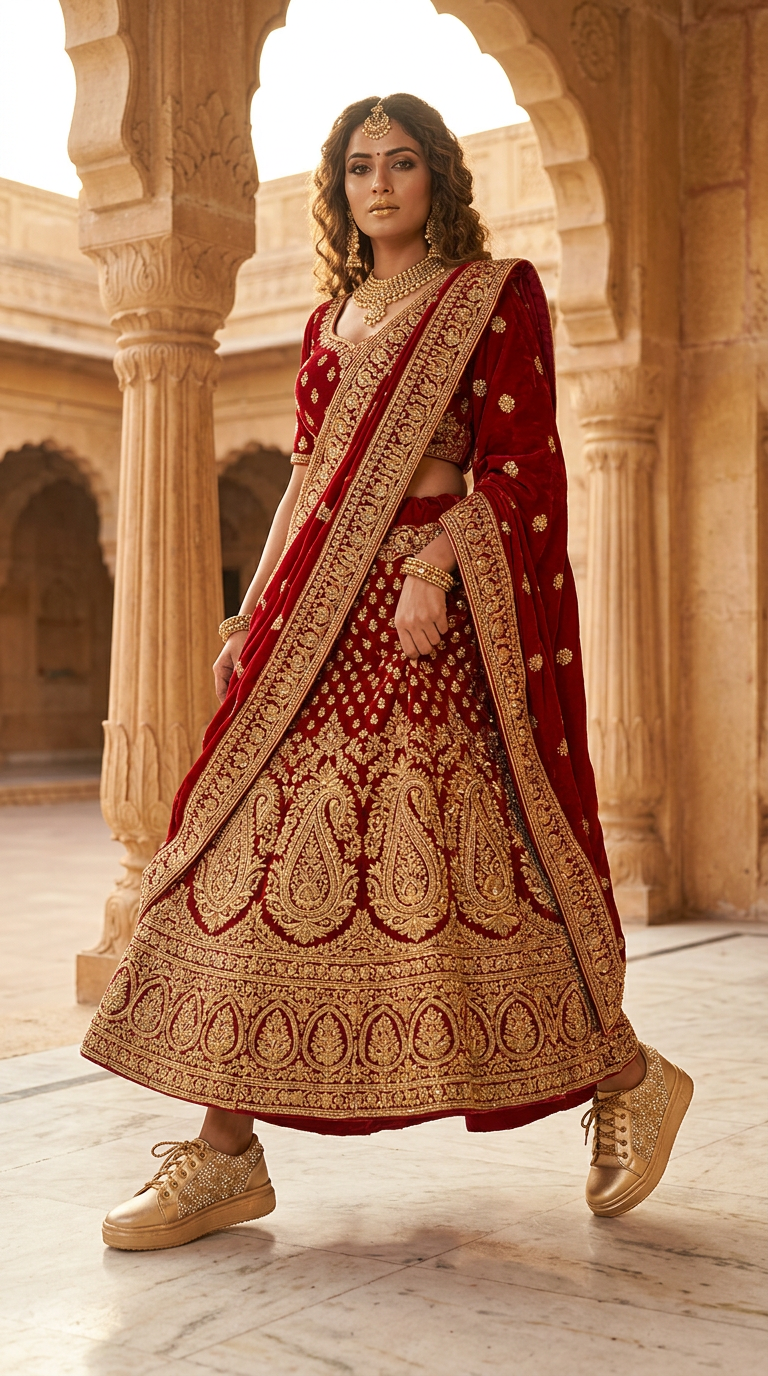 Firefly_GeminiFlash_Create an image with a model wearing red lehenga with full gold zardosi work and wear 121934