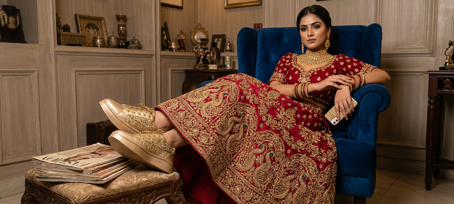 Firefly_GeminiFlash_Create an image with a model wearing red lehenga with full gold zardosi work and wear 432308 (1)