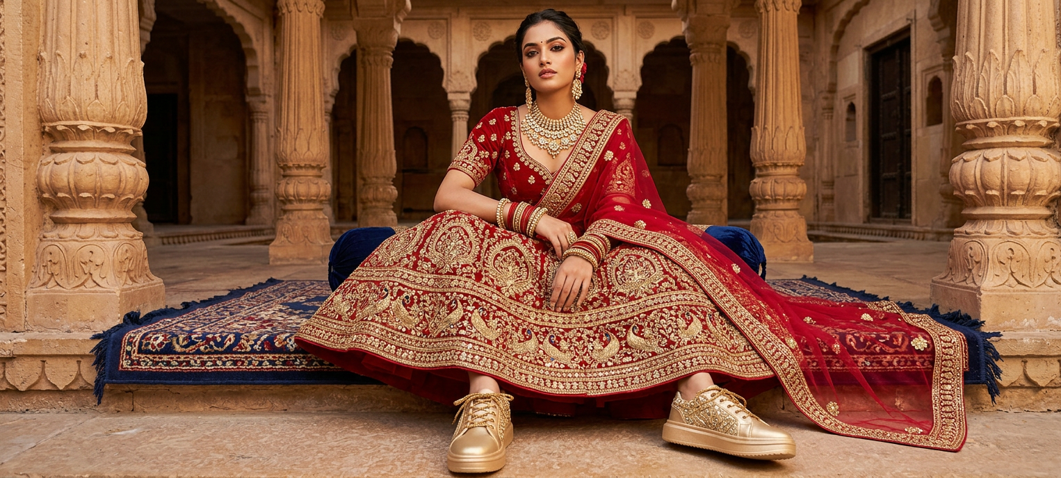 Firefly_GeminiFlash_Create an image with a model wearing red lehenga with full gold zardosi work and wear 432308