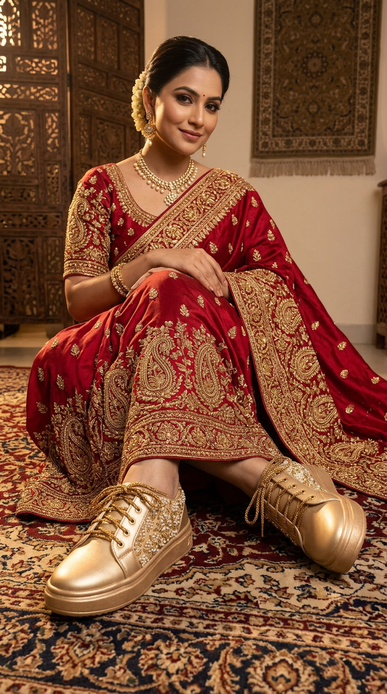 Firefly_GeminiFlash_Create an image with a model wearing red saare with full gold zardosi work and wearin 121934