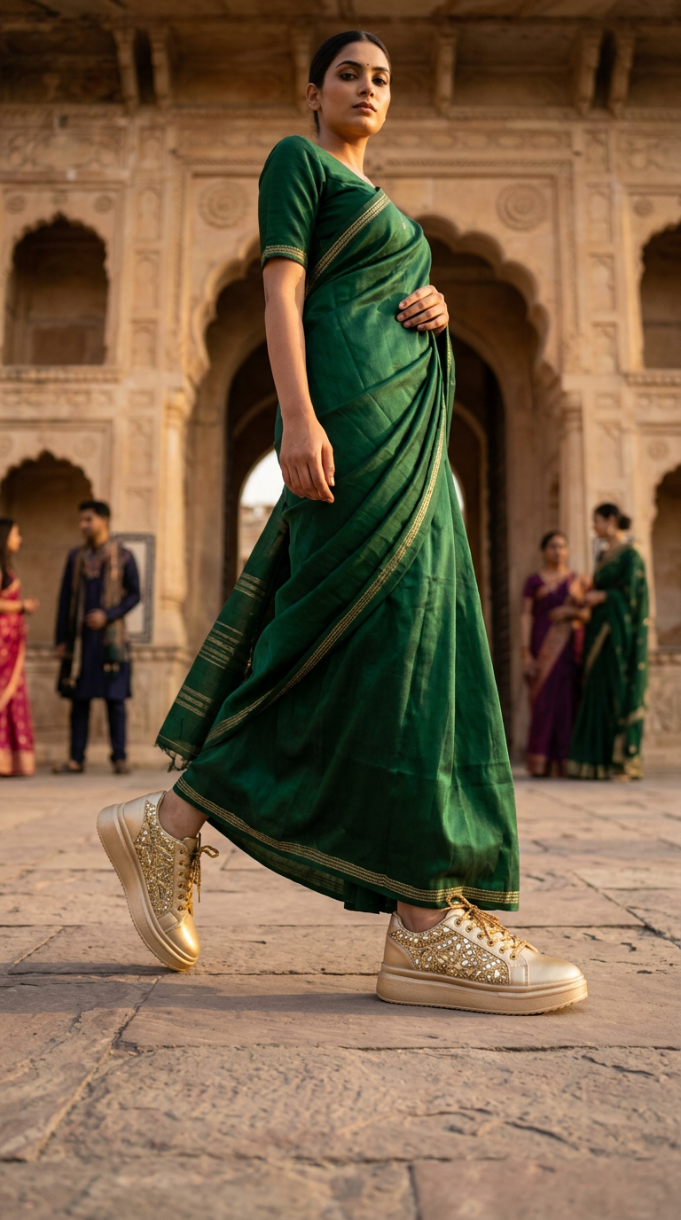 Firefly_GeminiFlash_Create an image with a model wearing saree wearing the snekaers and walking show the 432308