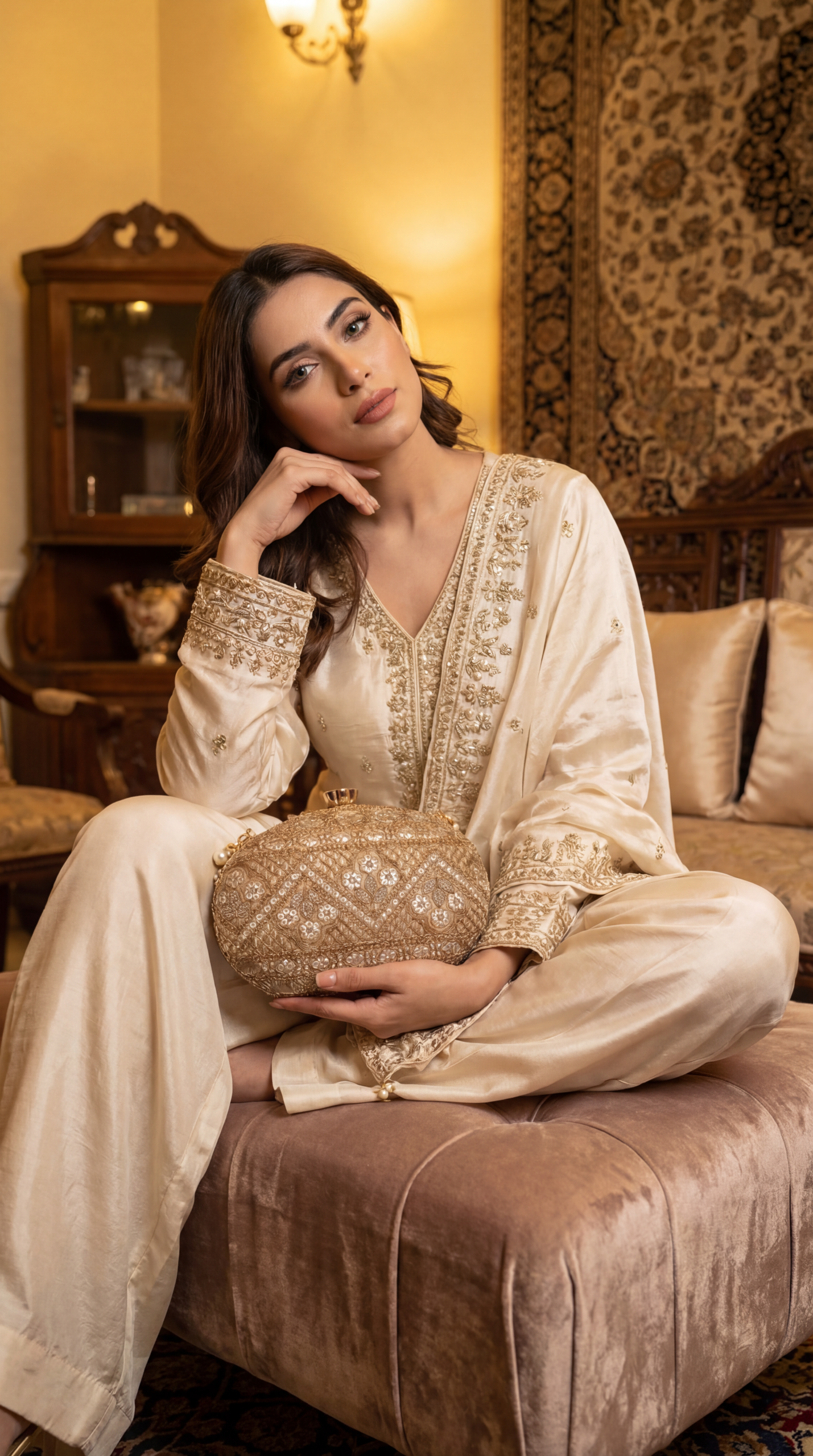 Firefly_Gemini Flash_Create an image for my website in which a model in stiing corssed postition holding t 528502