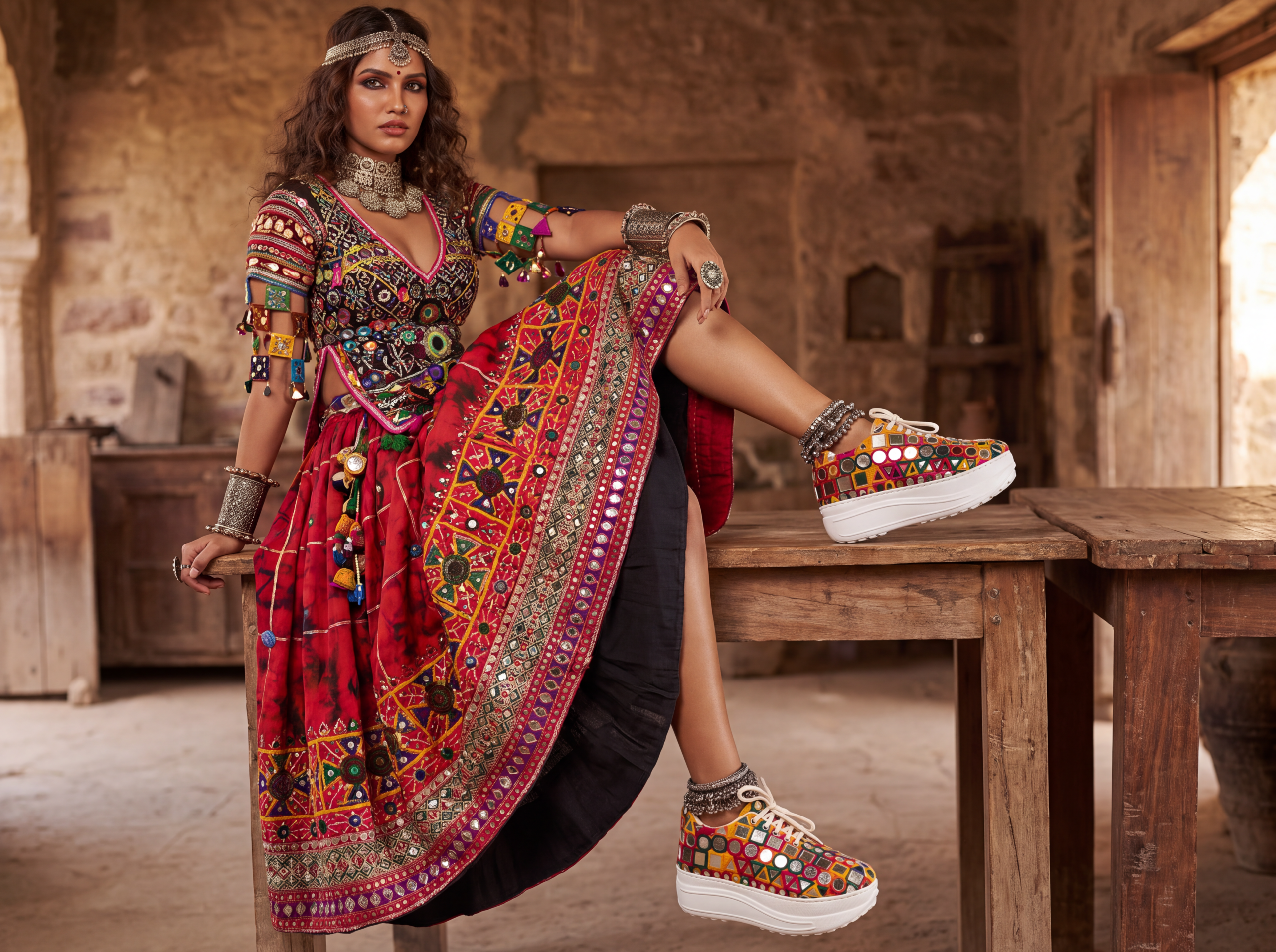 Firefly_Create an image with a model wearing the chaniya choli in the reference image with th 883675