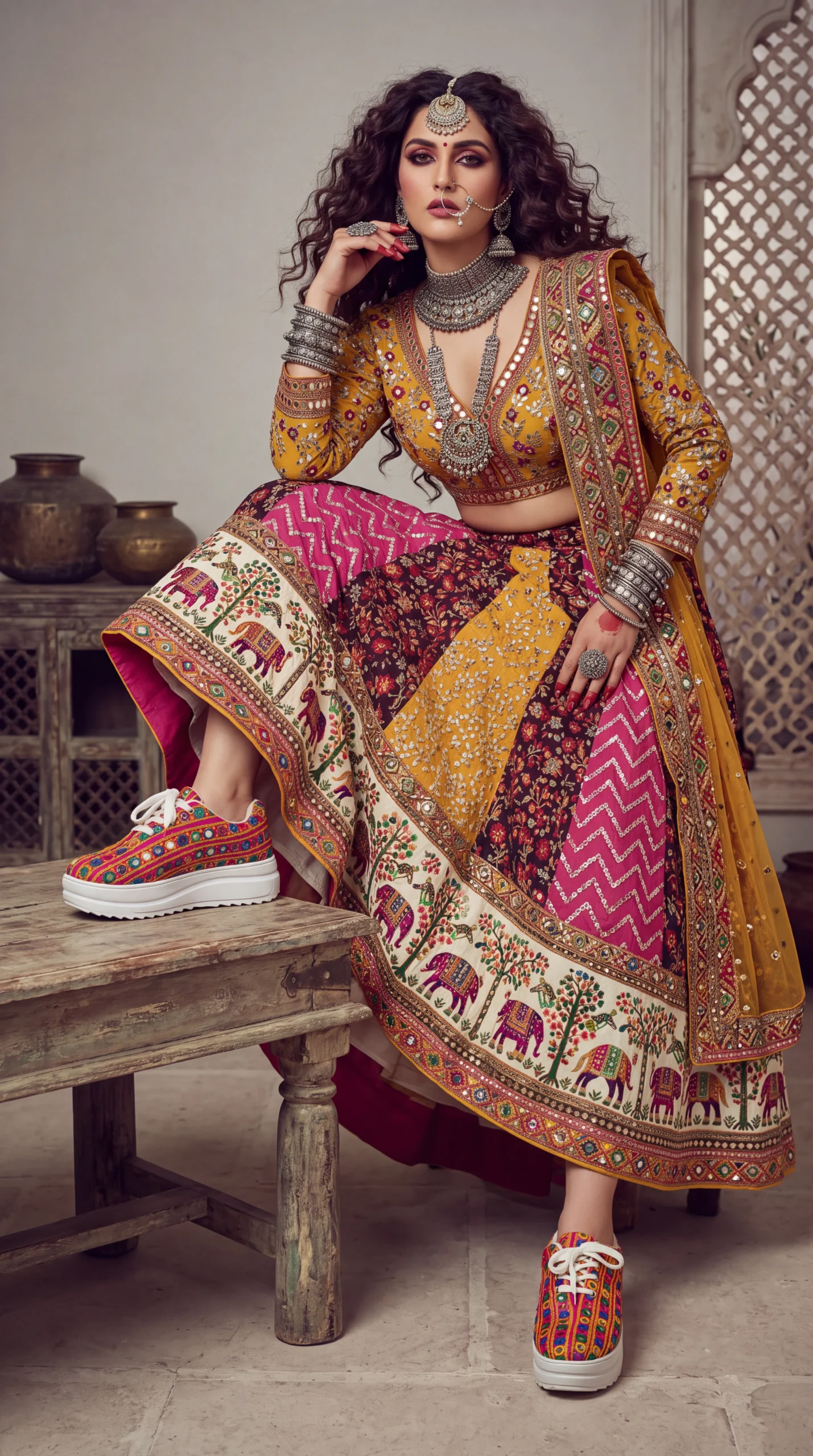 Firefly_Gemini Flash_Create an image with a model wearing the chaniya choli in the reference image with th 11964 (1)