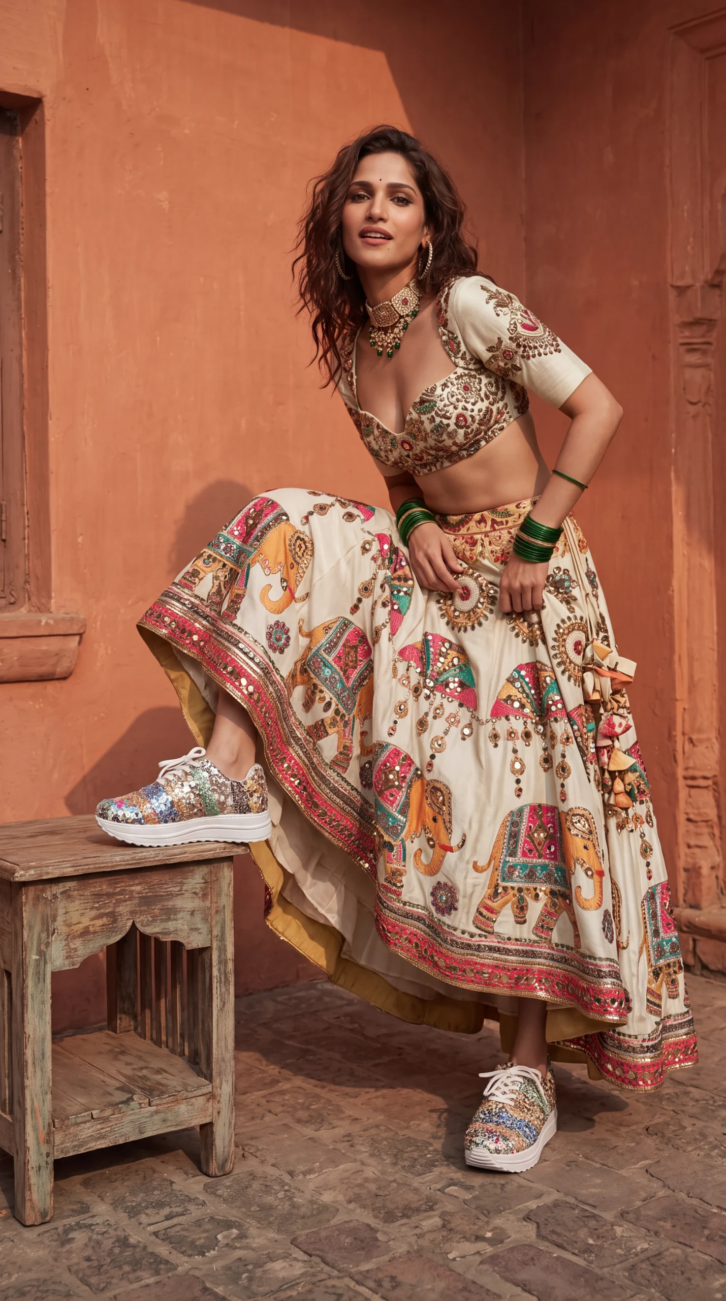 Firefly_Gemini Flash_Create an image with a model wearing the chaniya choli in the reference image with th 699721 (1)