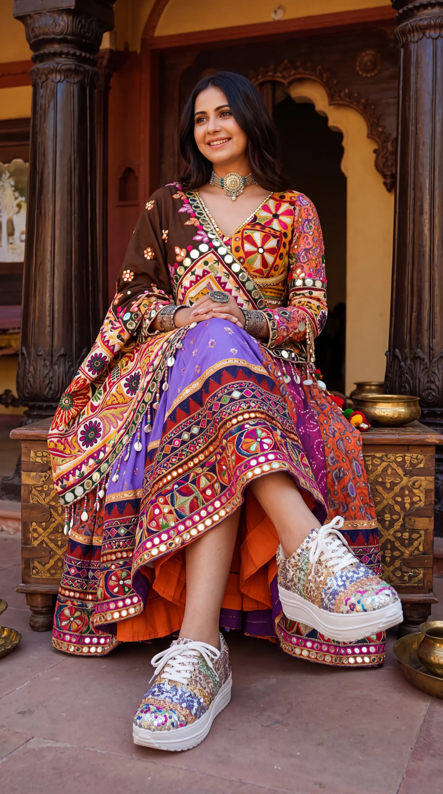 Firefly_Gemini Flash_Create an image with a model wearing the chaniya choli in the reference image with th 699721 (2)