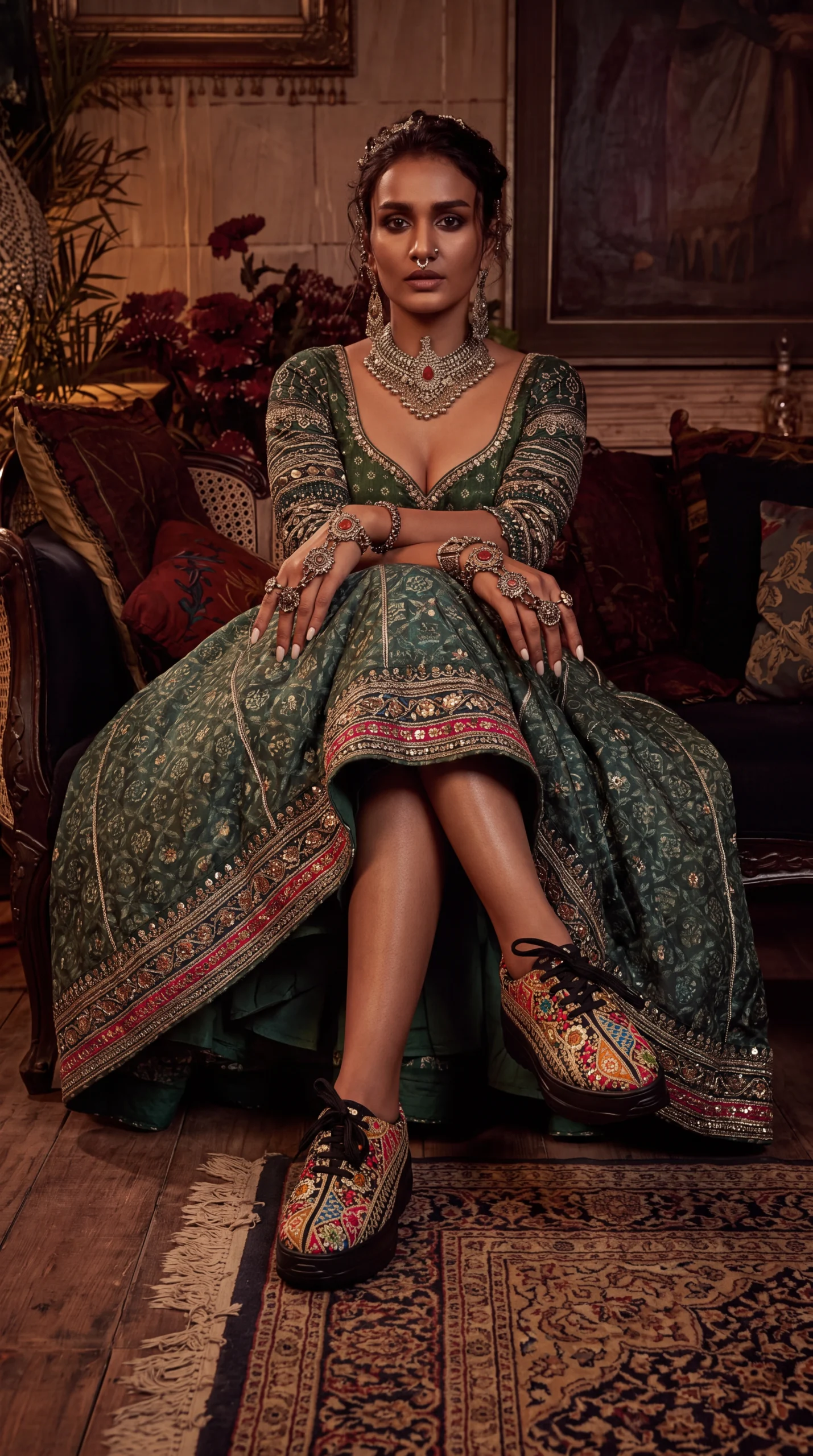 Firefly_Gemini Flash_Create an image with a model wearing the chaniya choli in the reference image with th 699721 (2)