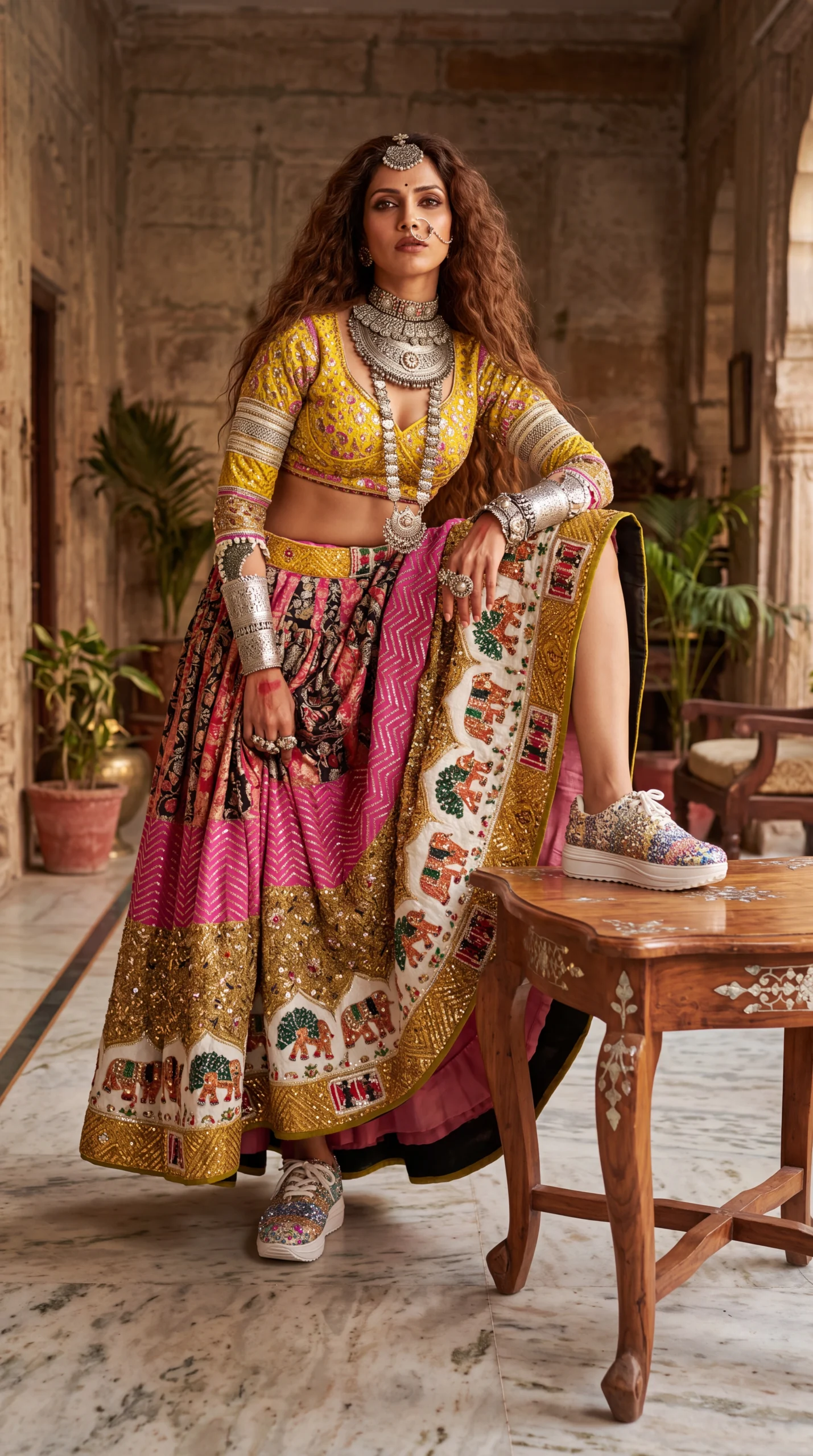 Firefly_Gemini Flash_Create an image with a model wearing the chaniya choli in the reference image with th 699721