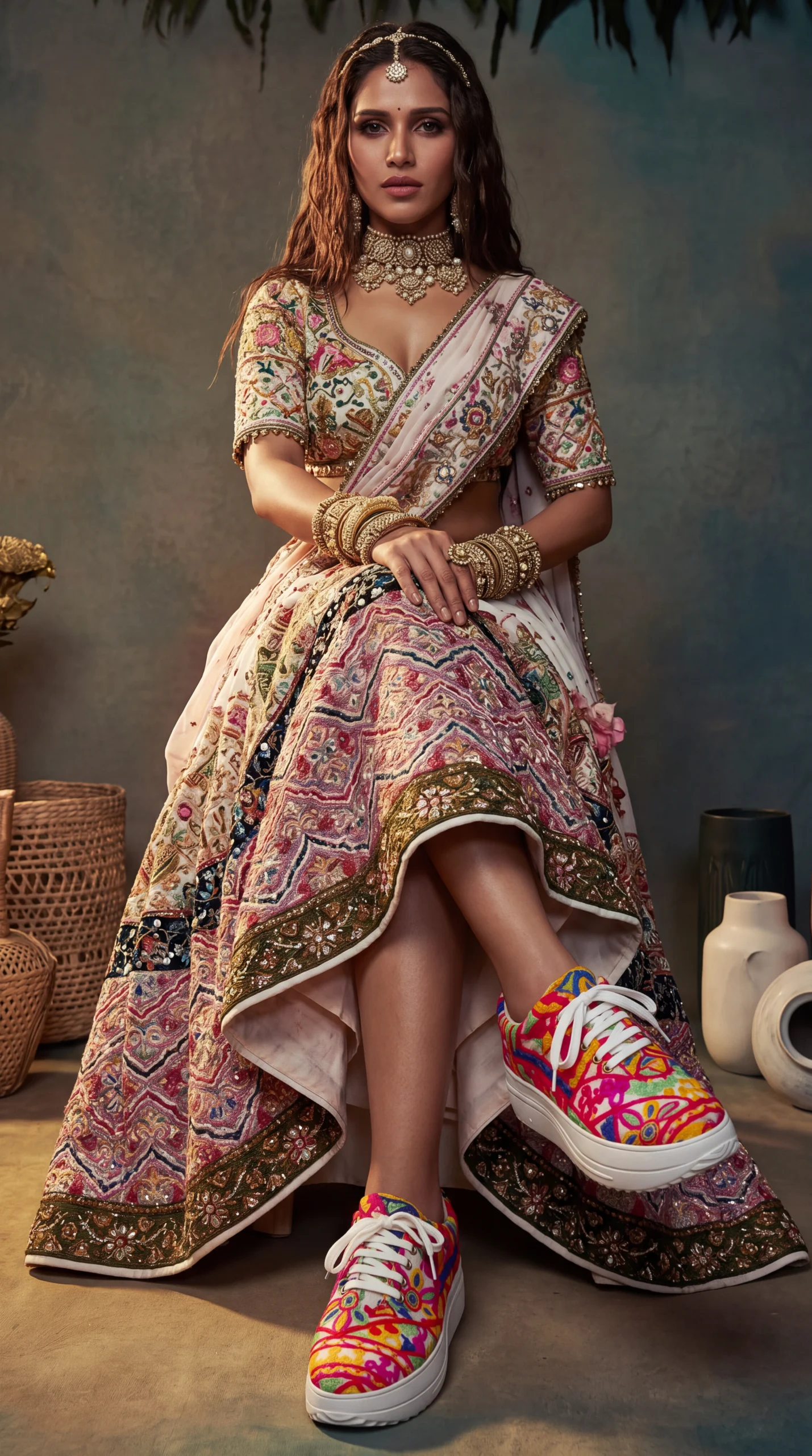 Firefly_Gemini Flash_Create an image with a model wearing the chaniya choli in the reference image with th 763619 (1)