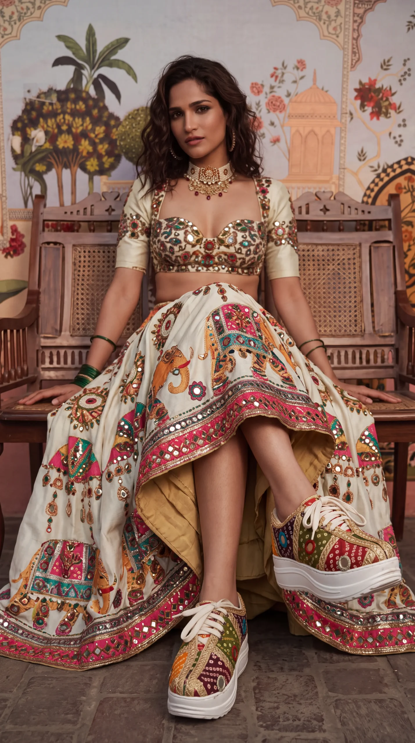 Firefly_Gemini Flash_Create an image with a model wearing the chaniya choli in the reference image with th 763619 (2)