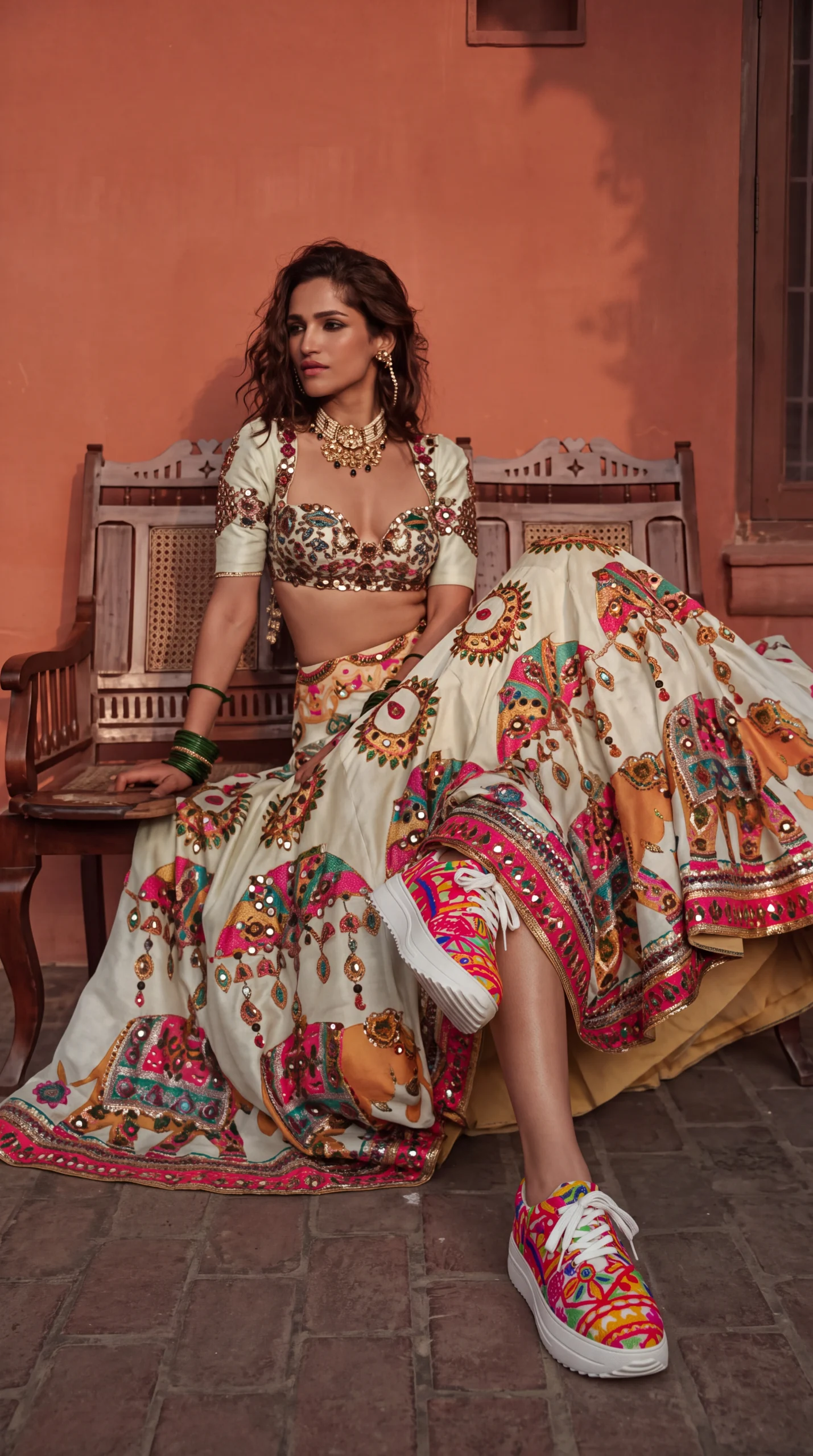 Firefly_Gemini Flash_Create an image with a model wearing the chaniya choli in the reference image with th 763619