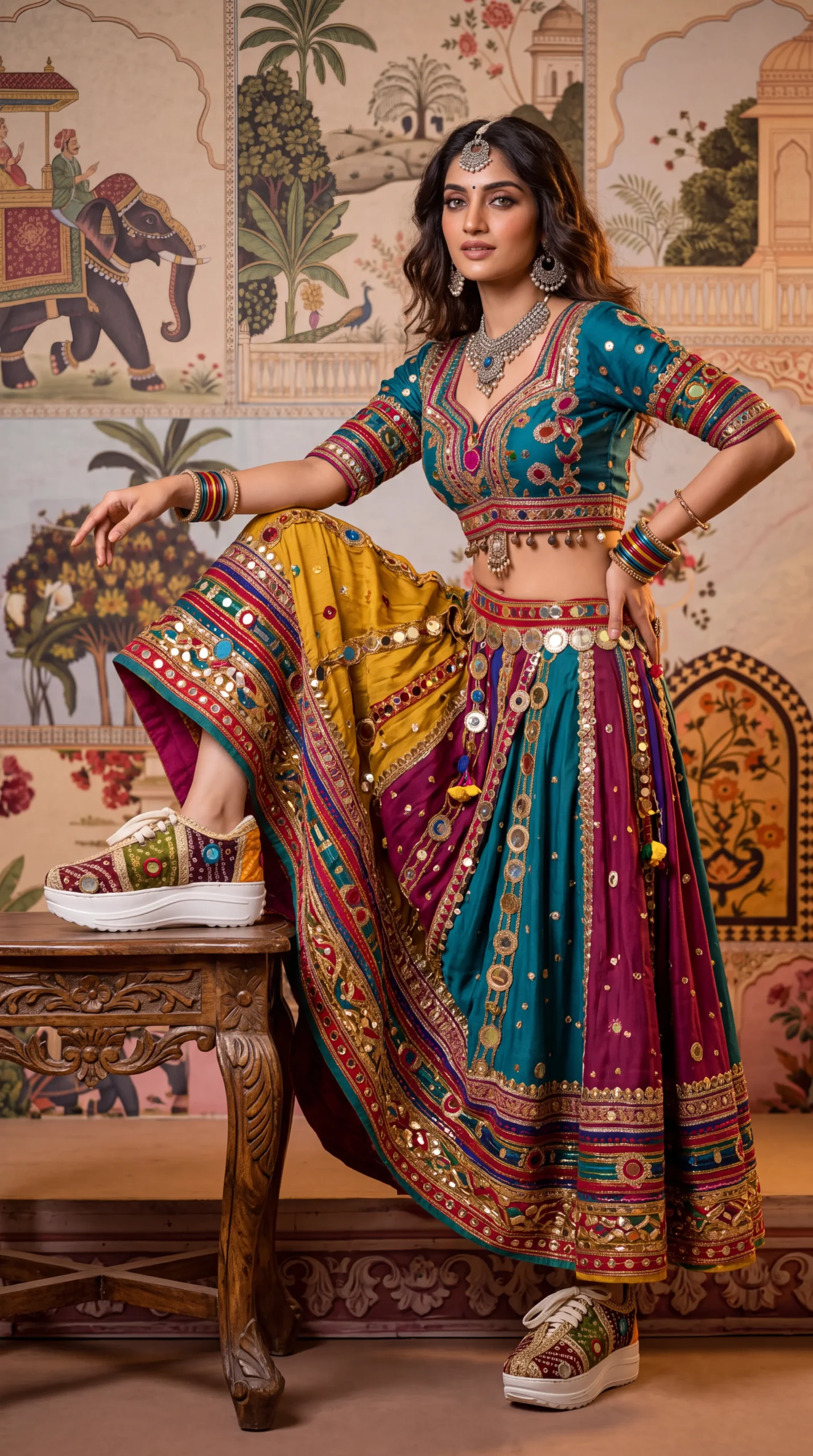 Firefly_Gemini Flash_Create an image with a model wearing the chaniya choli in the reference image with th 763619