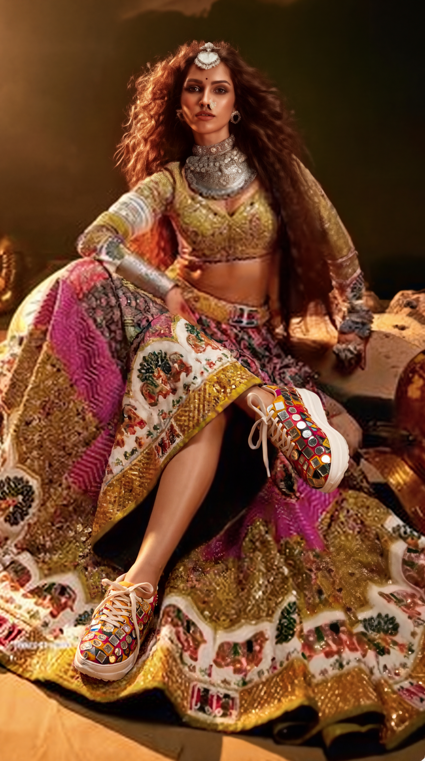 Firefly_Gemini Flash_Create an image with a model wearing the chaniya choli in the reference image with th 883675 (2)