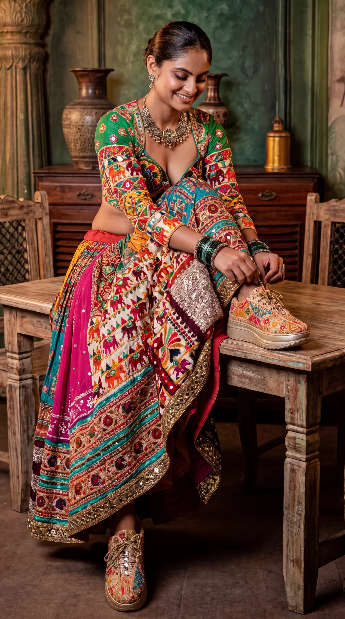 Firefly_Gemini Flash_Create an image with a model wearing the chaniya choli in the reference image with th 883675
