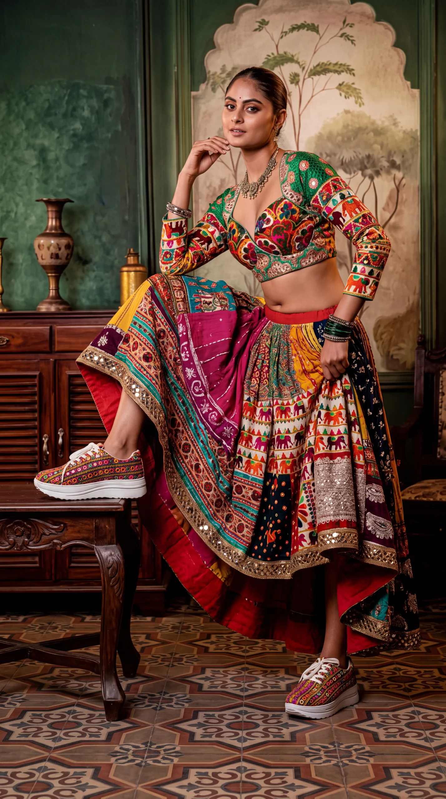 Firefly_Gemini Flash__Create an image with a model wearing the chaniya choli in the reference image with t 763619