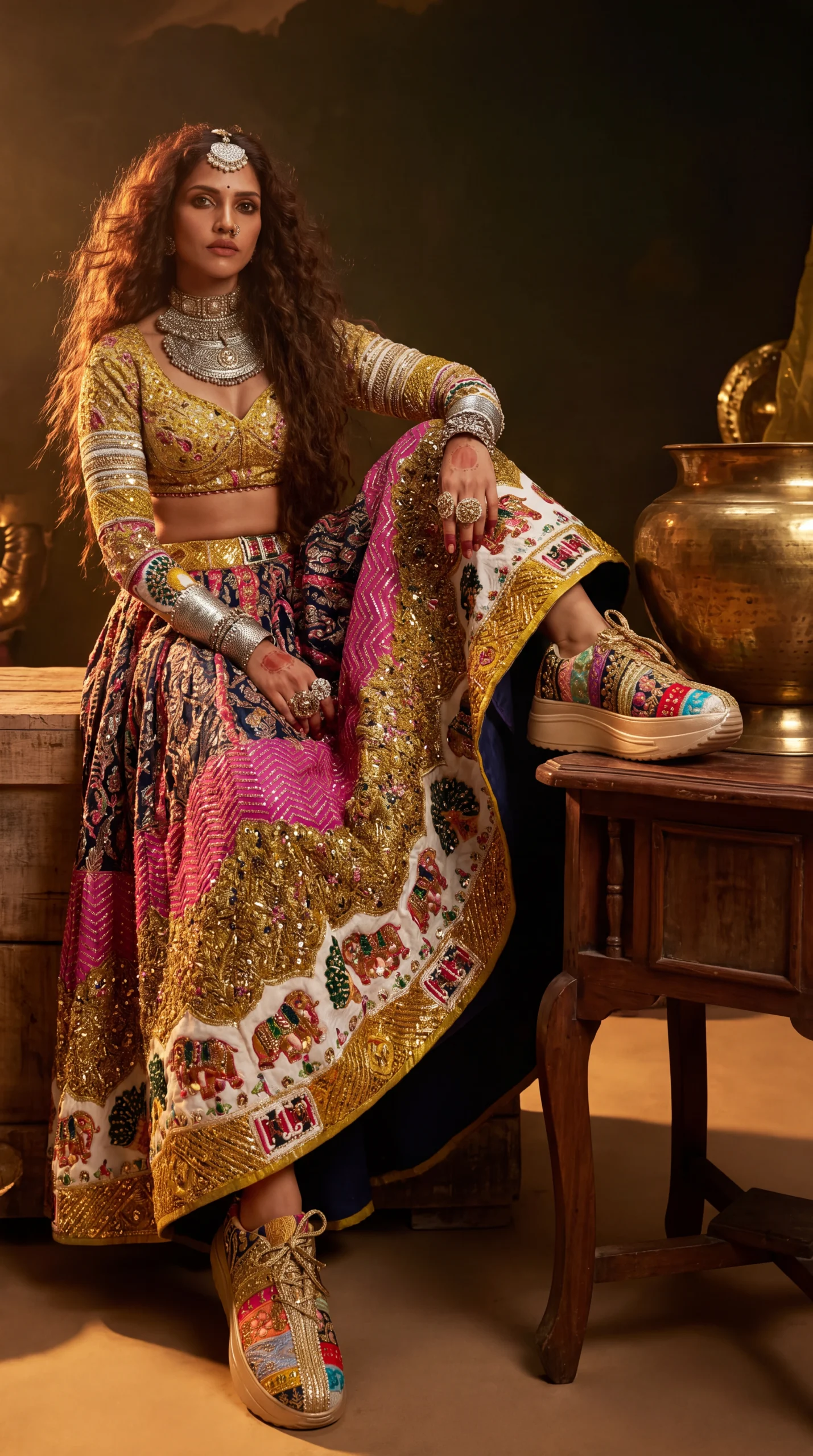 Firefly_Gemini Flash__Create an image with a model wearing the chaniya choli in the reference image with t 883675 (2)