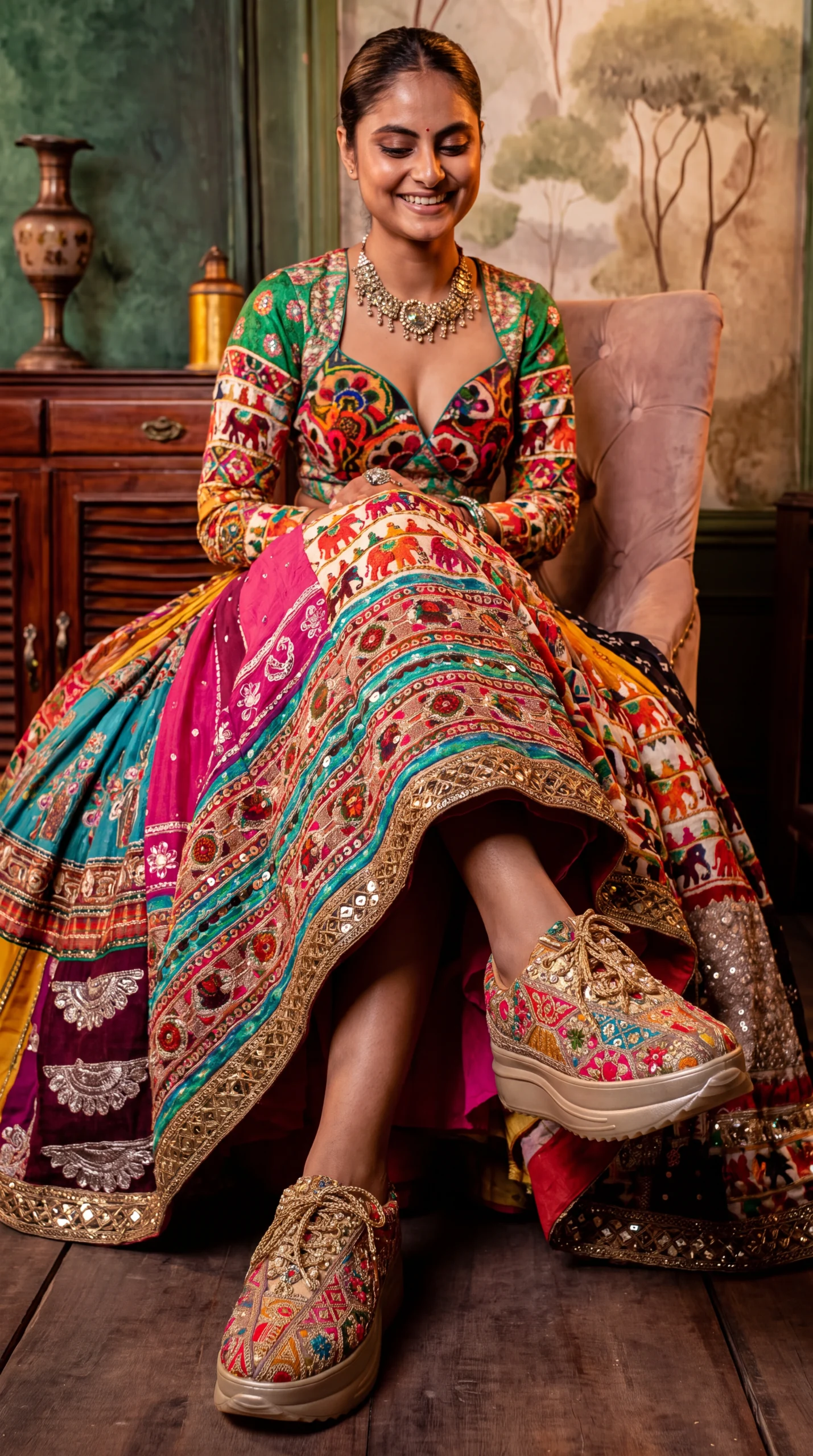 Firefly_Gemini Flash__Create an image with a model wearing the chaniya choli in the reference image with t 883675 (2)