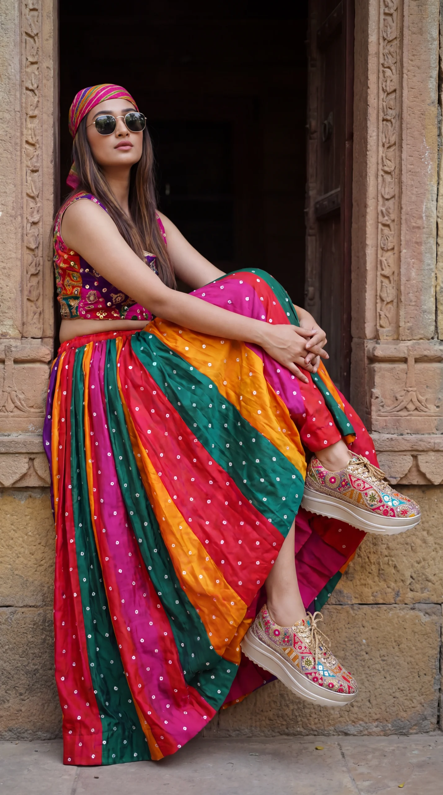 Firefly_Gemini Flash__Create an image with a model wearing the chaniya choli in the reference image with t 883675 copy