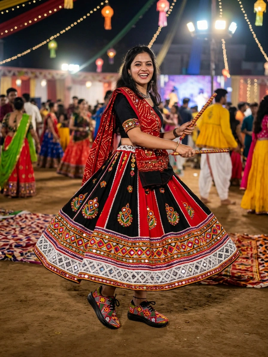 Firefly_Gemini Flash_create an image with a model wearing elegant red black and white navratri outfit with 883675 (1)