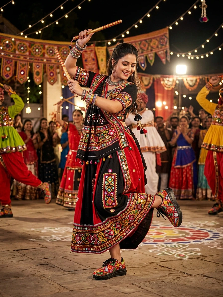 Firefly_Gemini Flash_create an image with a model wearing elegant red black and white navratri outfit with 883675